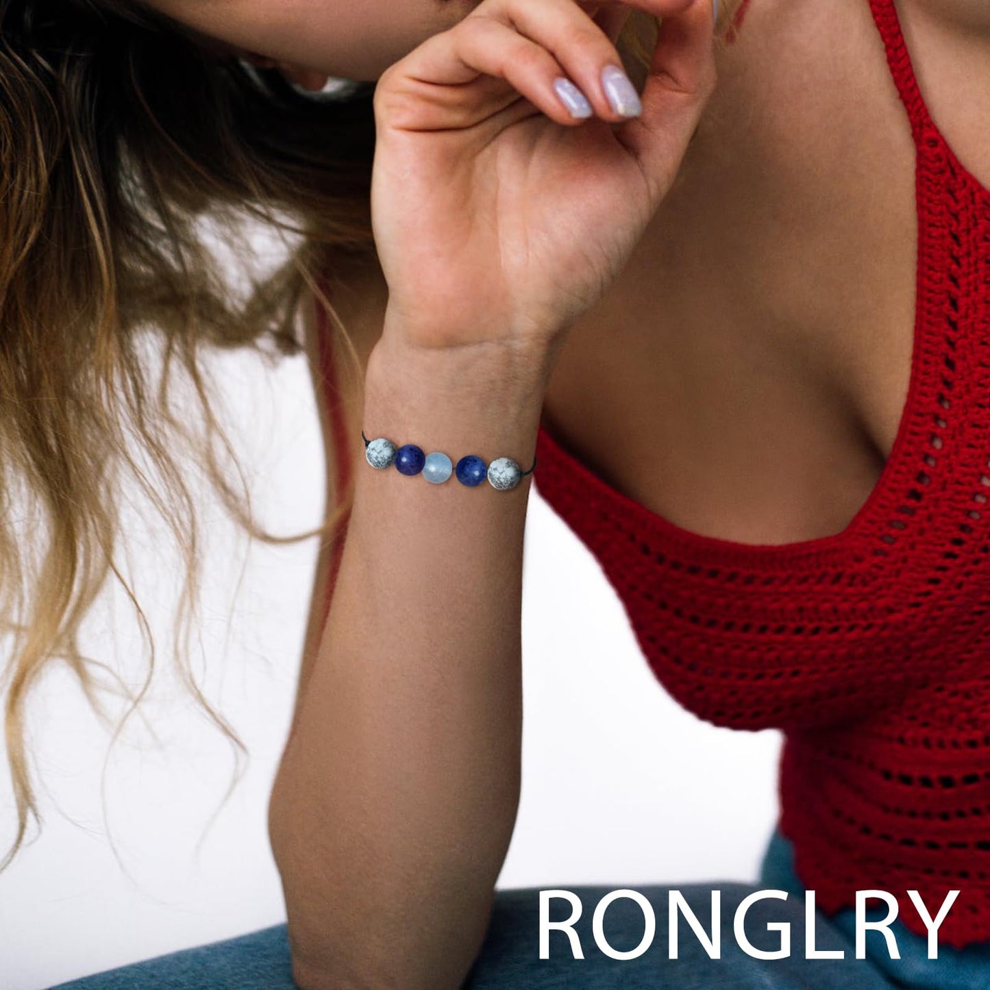 Ronglry Healing Crystal Jewelry Set - Crystal Stones Bracelets & Keychain for Women - Empath Gifts