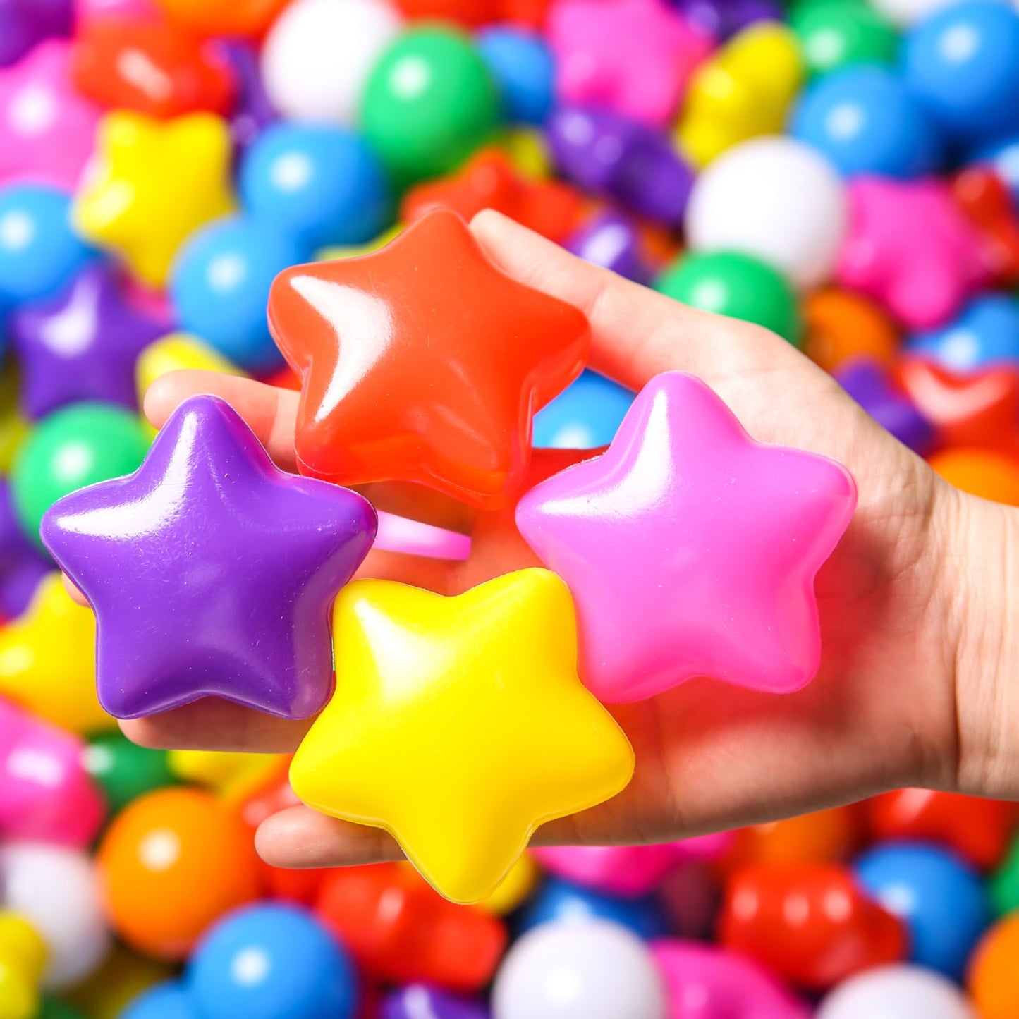 TRENDPLAY Star Ball Pit Balls for Toddlers - 100 Count Star Balls Different Shapes, Non-Toxic Plastic Balls for Safe Play, Boys Girls Festival Party Decoration, Rainbow