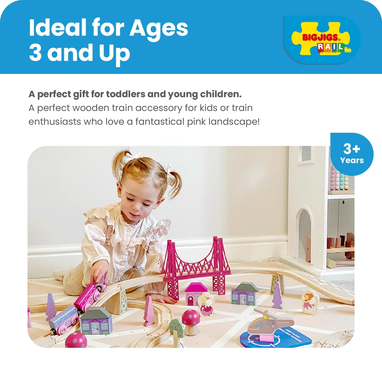 Bigjigs Rail Fairy Town Wooden Train Set | Railway Toy for Kids Age 3+ | Wood Track with Model Fairytale Village | Comes with Pink Wood Accessories & Figures | Educational Gift for Girls and Boys