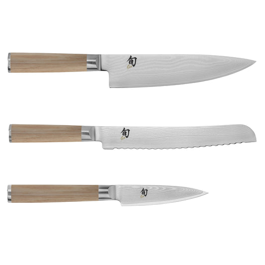 Shun Classic Damascus Blonde 3-Piece Knife Set, Includes Chef’s Knife 8-in, Bread Knife 9-in and Paring Knife 3.5-in Set, Made in Seki, Japan