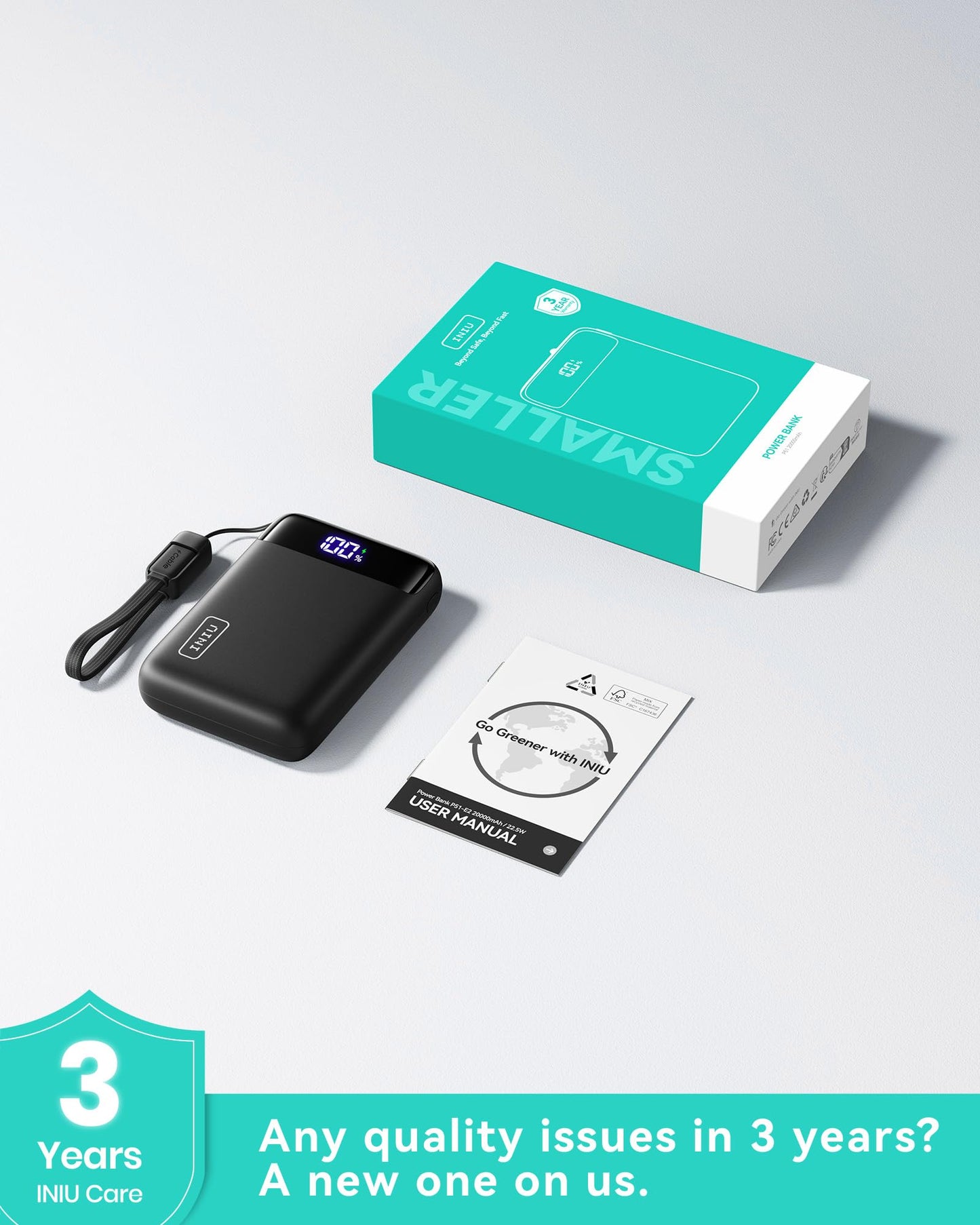 INIU Power Bank, Smallest 20000mAh Portable Charger with USB C Cable, 22.5W PD Fast Charging Phone Battery Pack, LED Display Powerbank for Travel Xiaomi iPhone 17 16 15 14 Samsung S25 Google iPad etc