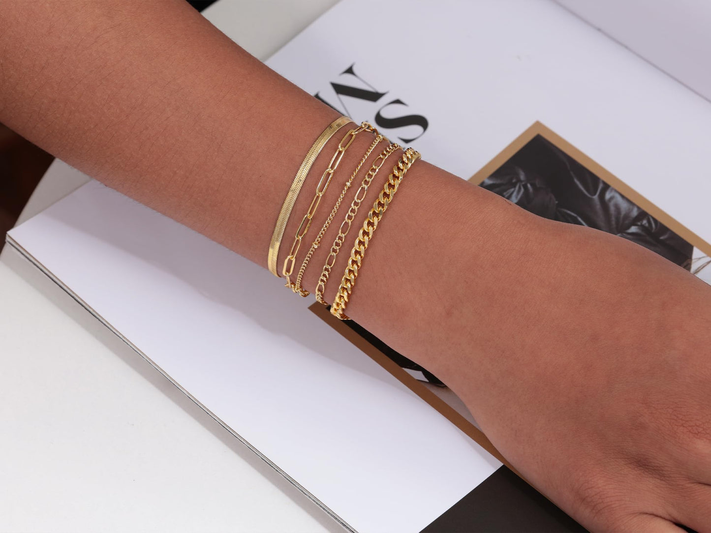 DEARMAY 14K Gold Plated Bracelets for Women Jewelry Sets Stack Trendy Dainty Stackable Paperclip Rope Snake Box Figaro Chain Bracelets Pack Costume Fashion Gifts
