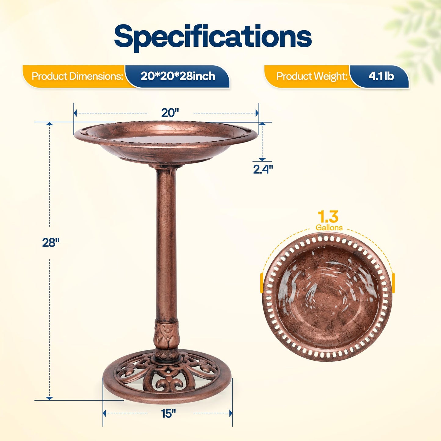 VIVOHOME Bird Bath for Outside, Polyresin Pedestal Bird Baths for Outdoor, Garden, 28 Inch Height Weather-Resistant Birdbaths with 20" Bowl, Antique Bronze