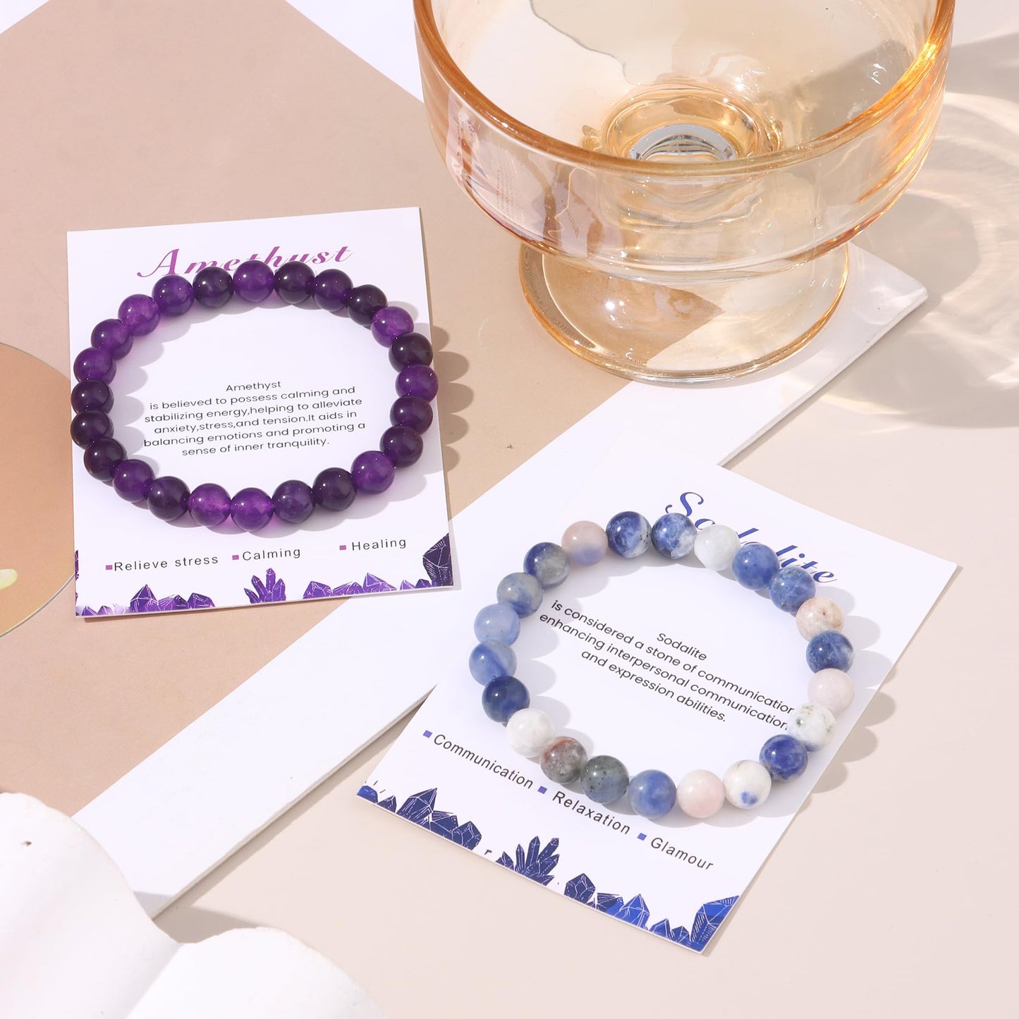 WAINIS 12PCS 8mm Natural Crystal Bracelets for Women Men Semi-Precious Gemstone Beaded Bracelets Round Beads Gemstones Stretch Yoga Bracelet Jewelry Gift