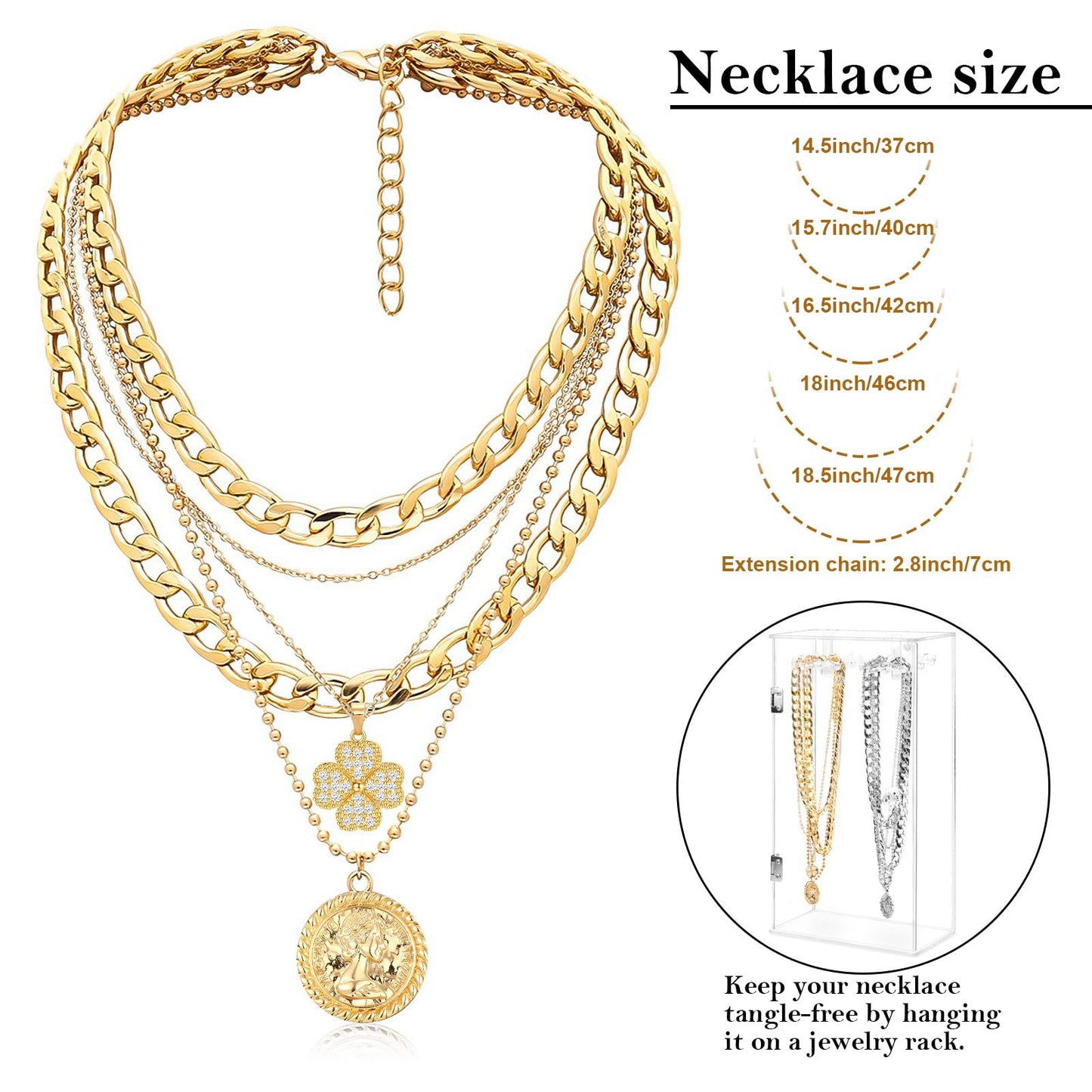 MJartoria Gold Layered Necklaces for Women Trendy Retro Coin Pendant Necklace Dainty Chunky Chain Choker Necklaces for Jewelry Birthday Gifts (Gold, A-Z-Rotatable Clover-5 in 1 Layered)