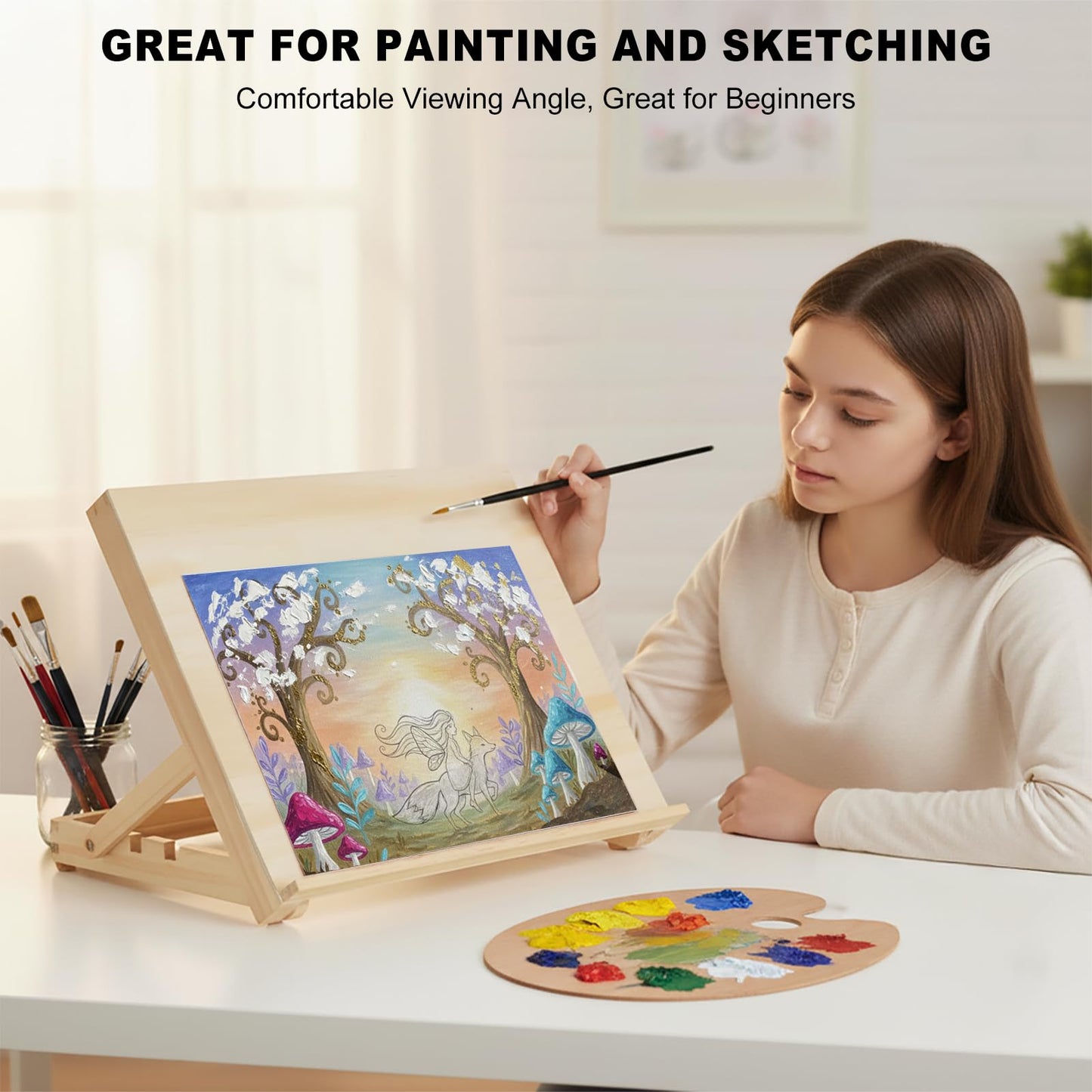Tabletop Easel for Painting, 13.8"x11.4" Adjustable Portable Art Easel Includes Art Painting Papers, Sketch Papers and Masking Tape, Pinewood Drawing Board for Canvas, Books and Artwork
