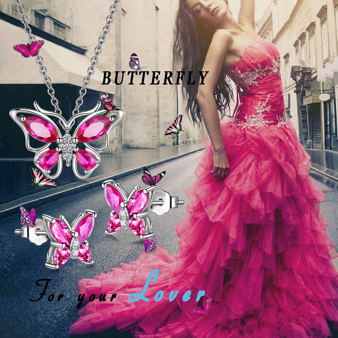 Hipunk Butterfly Red Jewelry Sets Birthstone Women 925 Sterling Silver July-Ruby Birth Stone Animal Butterflies Jewelry Sets/Earring Set Crystal Birthday Jewelry SS0001R