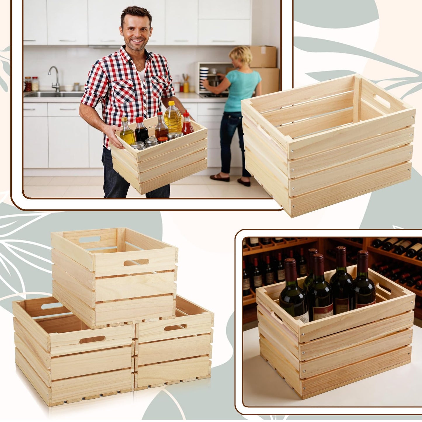 MOQRUAO 3 Pack Large Wooden Storage Crates 16 x 12 x 9.5 Inches Unfinished Wood Farmhouse Milk-Style Crates with Handles Unassembled Decorative Boxes for Home Office DIY Crafts (Natural Wood (3))
