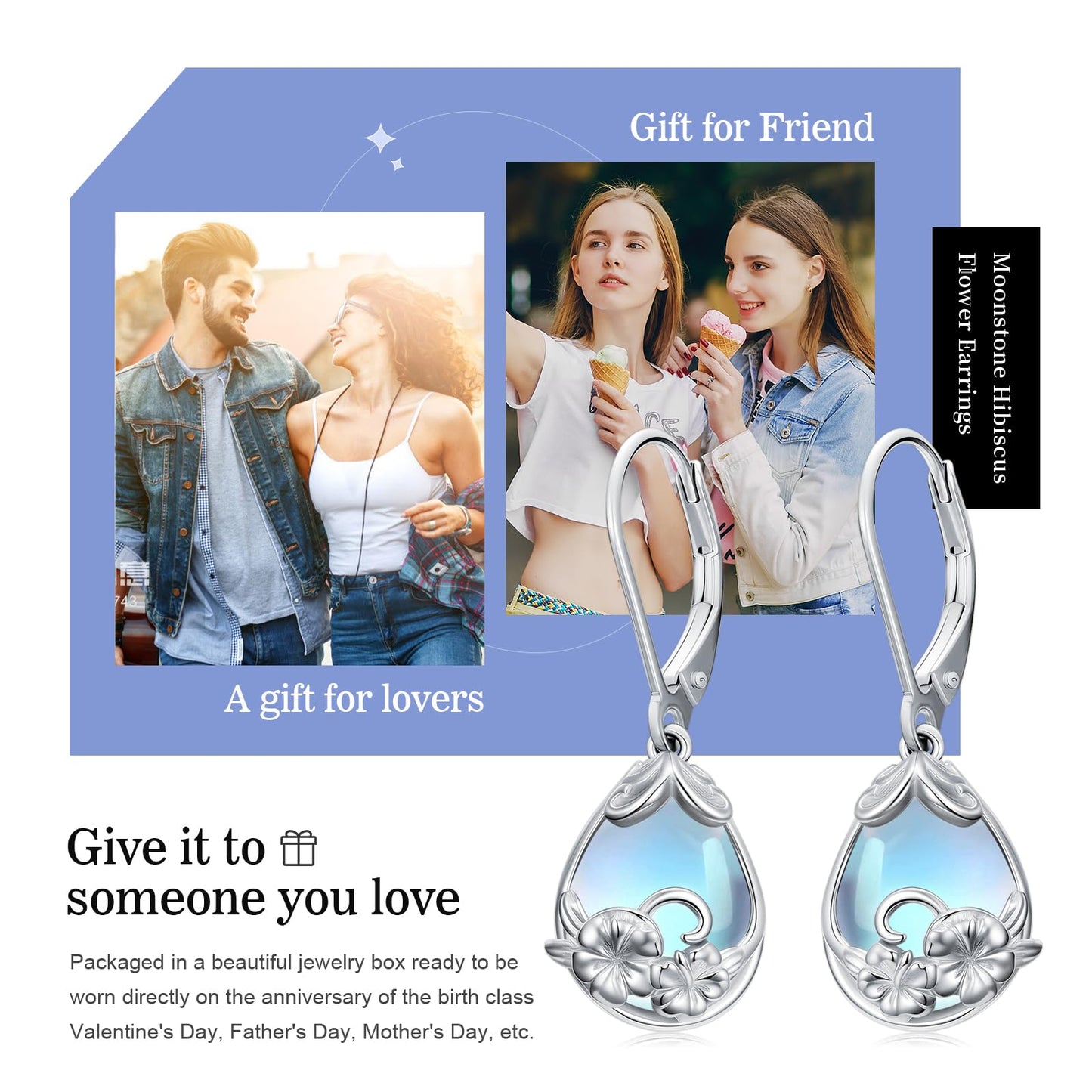KoyeKei Hibiscus Earrings for Women 925 Sterling Silver Hibiscus Flower Hawaii Moonstone Dangle Drop Leverback Earrings Hawaiian Jewelry Graduation Birthday Gifts for Girlfriend Her Lover