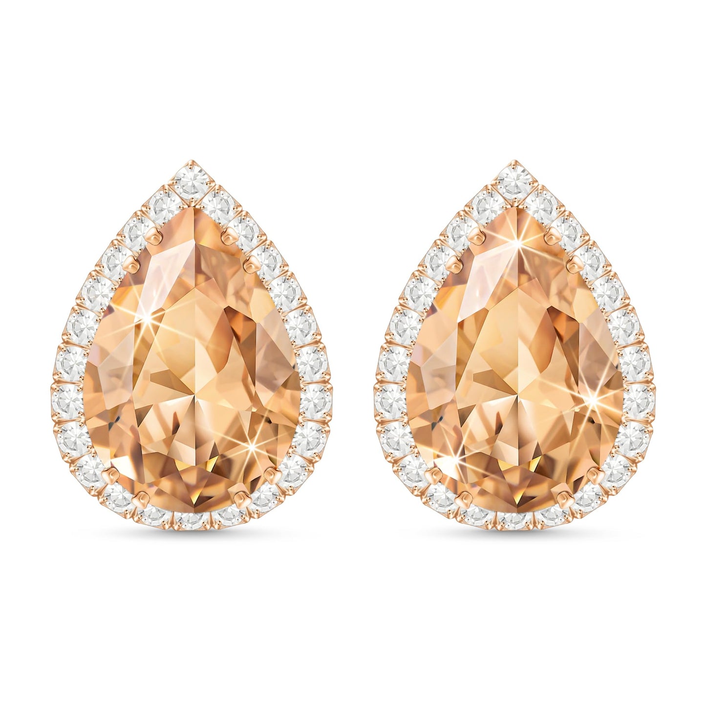 Linawe Rose Gold Color Stud Earrings for Women Trendy, Champagne Orange Rhinestone CZ Cubic Zirconia Birthstone Tear Drop Gem Stone Earrings Stud, Pear Shaped Birthstone Costume Jewelry