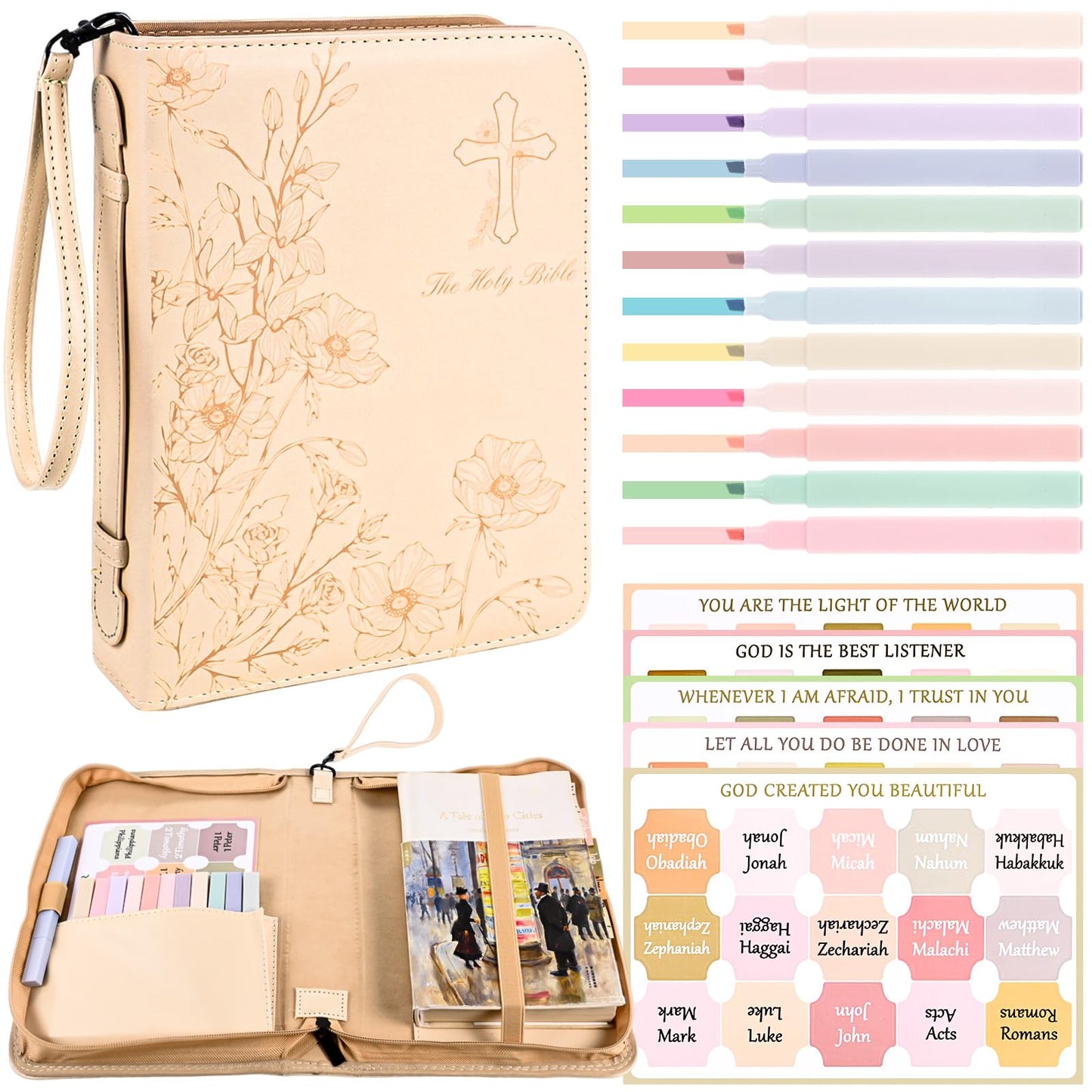 Bible Cover Case for Women Khaki Leather Floral Bible Storage Bag with Highlighters Tabs for Girls Bible Study Supplies Accessories Christian Gifts
