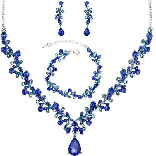 3Pcs Austrian Crystal Jewelry Set for Women, Necklace Dangle Earrings Link Bracelet Jewelry Set with Gold/Platinum/Gun Plated, Wedding Party Jewelry for Bridal Bridesmaid (Deep Blue-Platinum Plated)