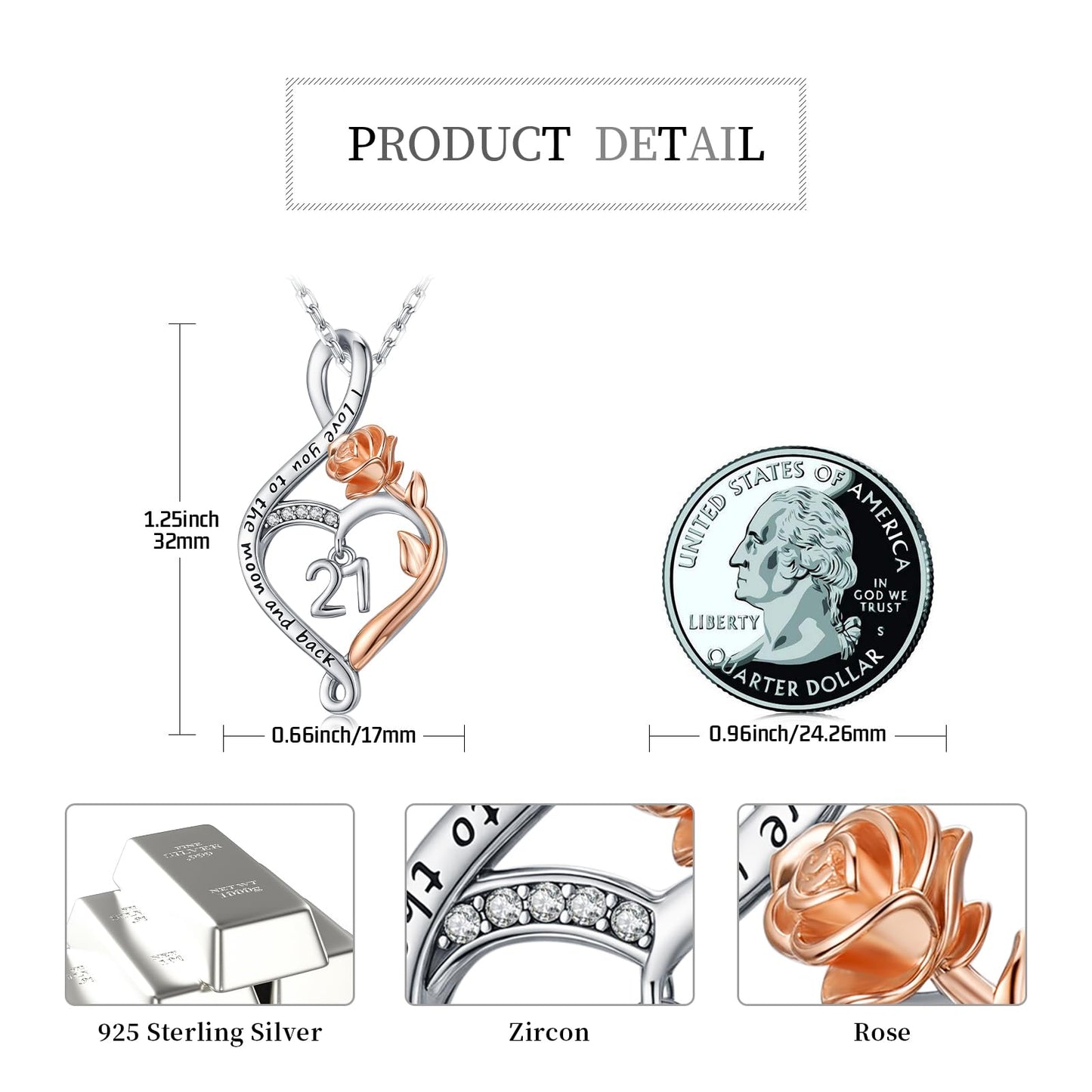 KoyeKei 21st Birthday Gifts for Daughter 21 Year Old Necklace 925 Sterling Silver Rose Flower Heart Infinity Pendant Jewelry Christmas Birthday Gift for Women Female Her