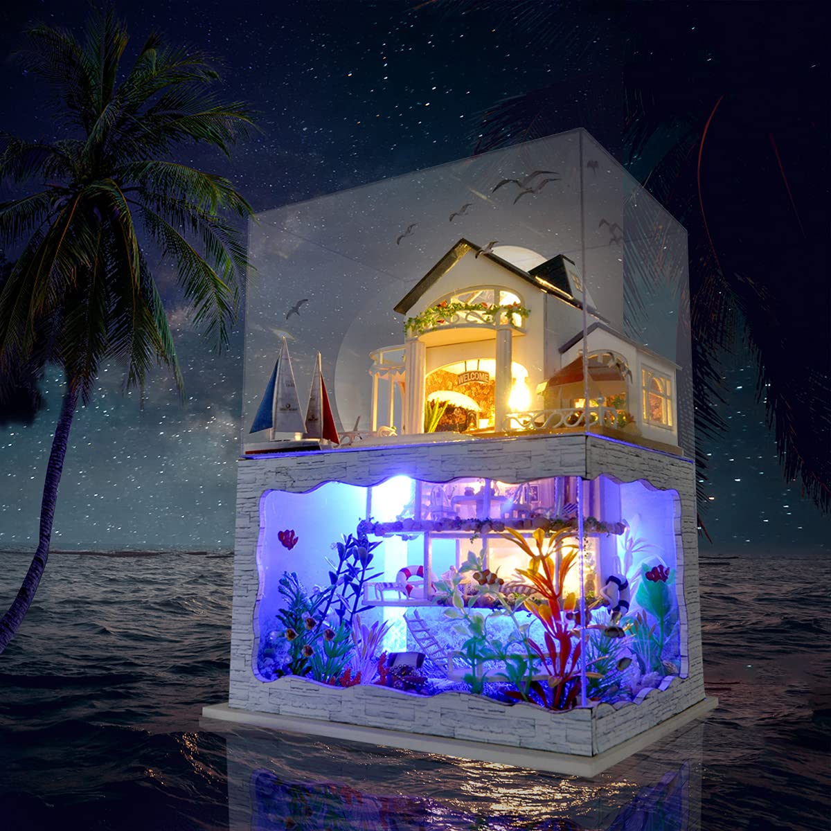 GuDoQi DIY Miniature Dollhouse Kit, Tiny House kit with Furniture and Dust Proof, Miniature House Kit 1:24 Scale Beachside Bungalow, Great Handmade Crafts Gift for Birthday Christmas Day