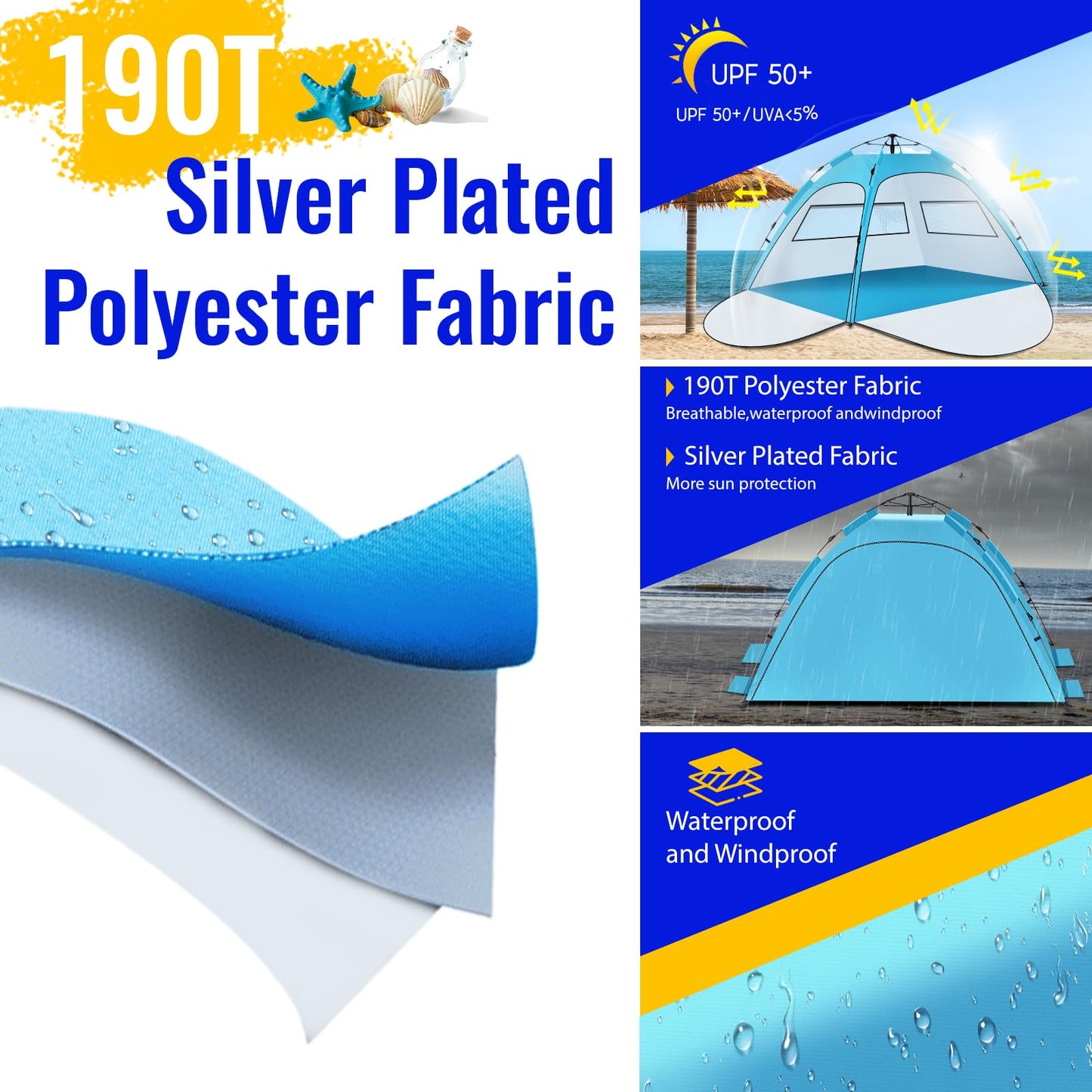 Beach Tent Sun Shelter – Pop Up Easy Setup in 3S Instant Tents for 4/5 Person Beach Umbrella Sun Shelter Shade, UV 50+ Protection, Wind Resistant, Lightweight Portable Baby Tents Shade for Family