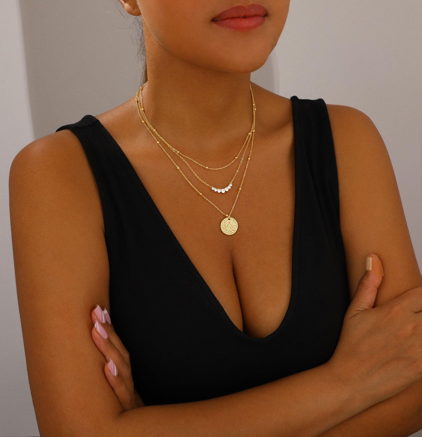 Layered Gold Necklaces for Women Stackable Dainty 14K Gold Plated Silver Chain Necklace Layering Cute Fashion Pendant Choker Necklaces Trendy Jewelry Set Gifts for Women (hammered texture round, golden)