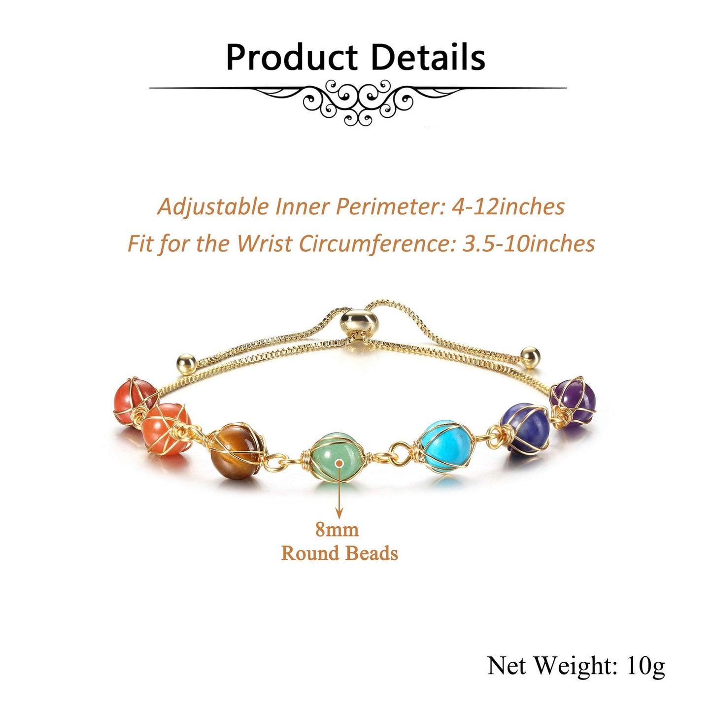 Jovivi 7 Chakra Stones Bracelets for Women Adjustable 14K Gold Wire Wrapped 8mm Natural Round Gemstone Beads Reiki Healing Crystal Stretch Ankle Bracelet Yoga Energy Balancing