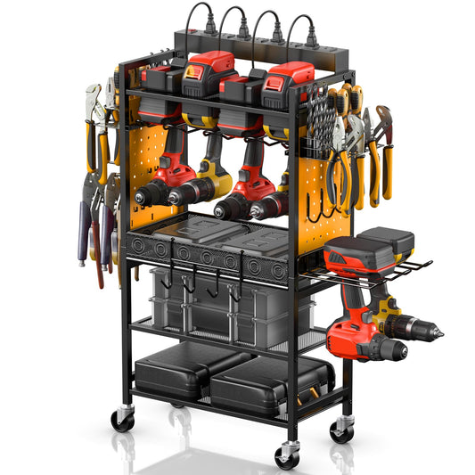 CCCEI Power Tool Organizer Cart with Charging Station, Garage Floor Rolling Storage Cart on Wheels for Mechanic, Mobile 6 Drill, Tool Box Utility Cart with Power Strip, Yellow.