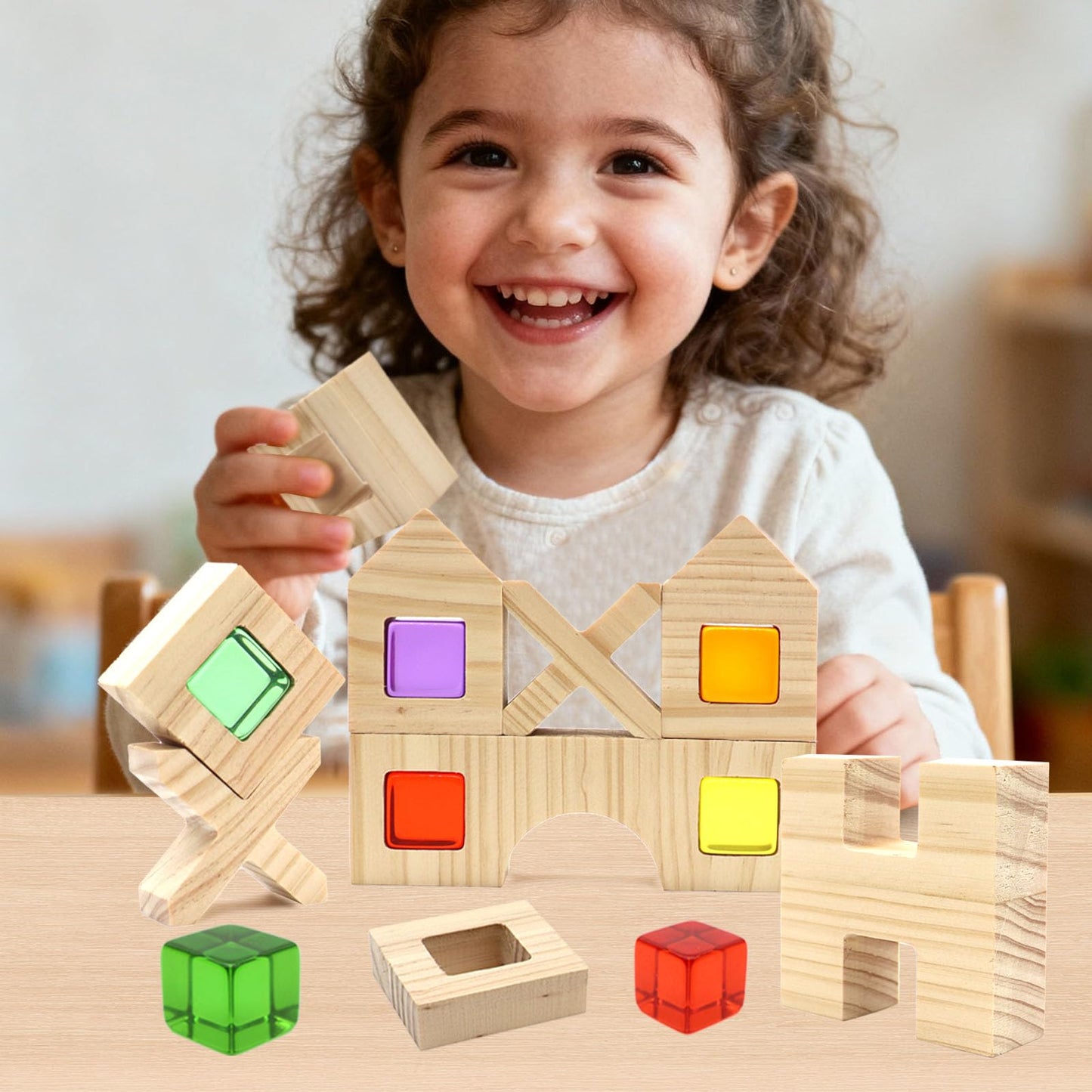 kuchisity Wooden Building Blocks Set for Kids, 60 PCS Rainbow Acrylic Gem Cubes Stacking Blocks, Montessori Stacking Toy for Toddlers Educational Toy Early Learning Gifts for Boys Girls 3-6 (60)
