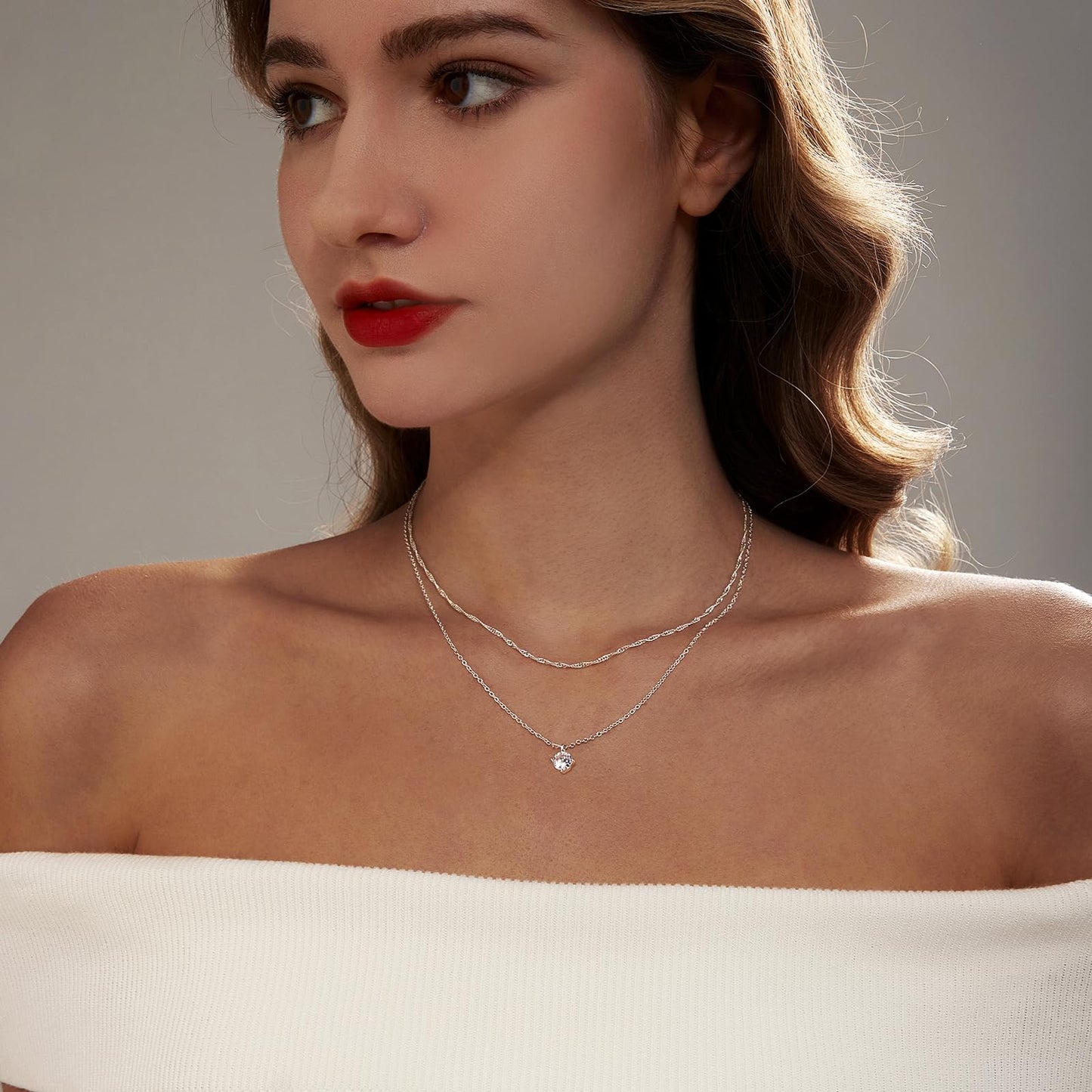 Zeffy Silver Necklace for Women Dainty Silver Layered Necklaces Silver Plated Diamond Necklaces Simple CZ Solitaire Pendant Necklace Cute Silver Chain Choker Necklaces for Women Trendy