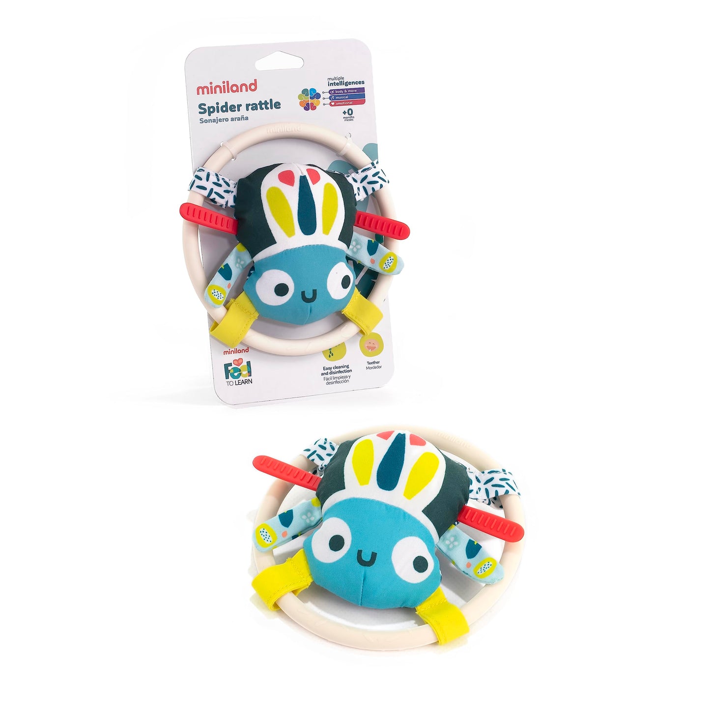 Miniland Feel to Learn Spider Teether Rattle for Infant and Toddlers from 0 to 6 Months