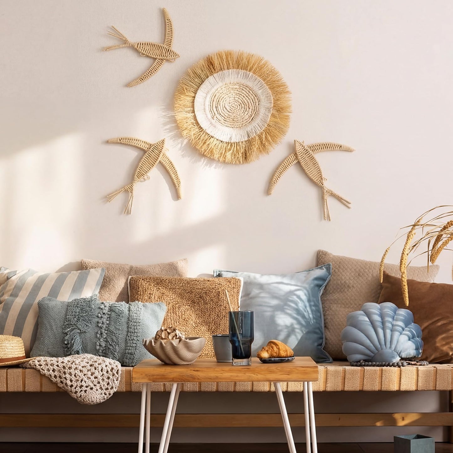 Chumia 4 Pcs Boho Wall Basket Decor Bohemia Woven Wicker Bird and Raffia Sun Jute Decor Boho Handmade Hanging Wall Art Rustic Jute Home Wicker for Indoor Bedroom Living Room Wedding Housewarming Gift