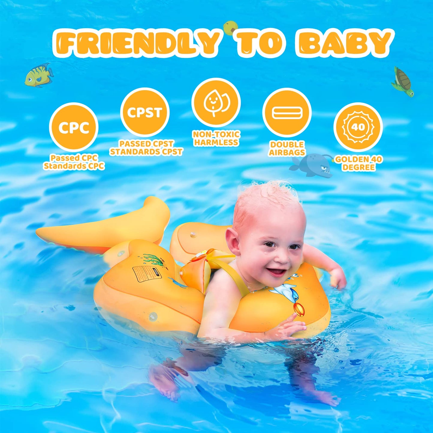No Flip Over Baby Pool Float with Canopy UPF50+ Sun Protection, Sponge Safety Support Bottom, Fun Gifts Water Toys Accessories Inflatable Baby Swim Floats for Pool 3-36 Months