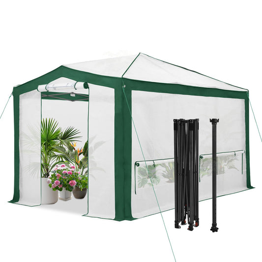 EAGLE PEAK 12x8 Portable Walk in Greenhouse with Polyester Reinforced Corners, Instant Pop up Indoor Outdoor Gardening Green House, Roll Up Zipper Doors Mesh Windows & Winter Support Pole, Green/White