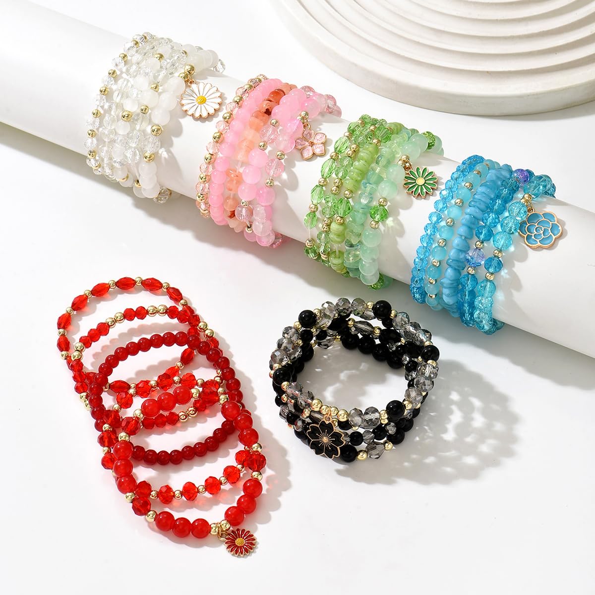 LOTSOF Boho Flower Beaded Bracelet Set for Women - Multilayer Crystal & Flower Charm Stackable Bracelets, Fashion Jewelry Gift for Her (Blue)
