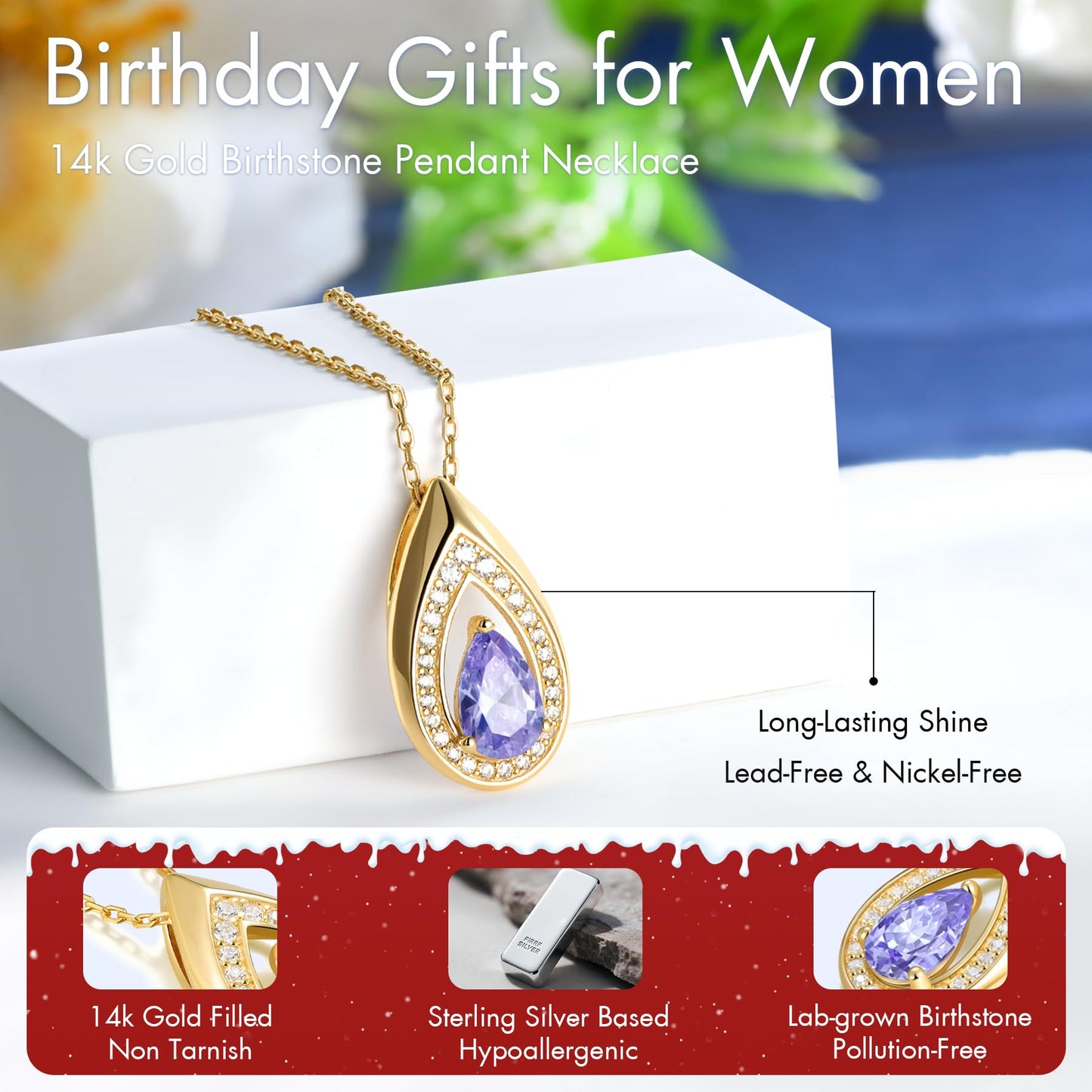 Kstyle 14k Gold Amethyst February Birthstone Pendant Necklaces for Women Valentine's Day Birthday Gift Anniversary Jewelry for Wife Daughter Grandma Mom Sister Non Tarnish