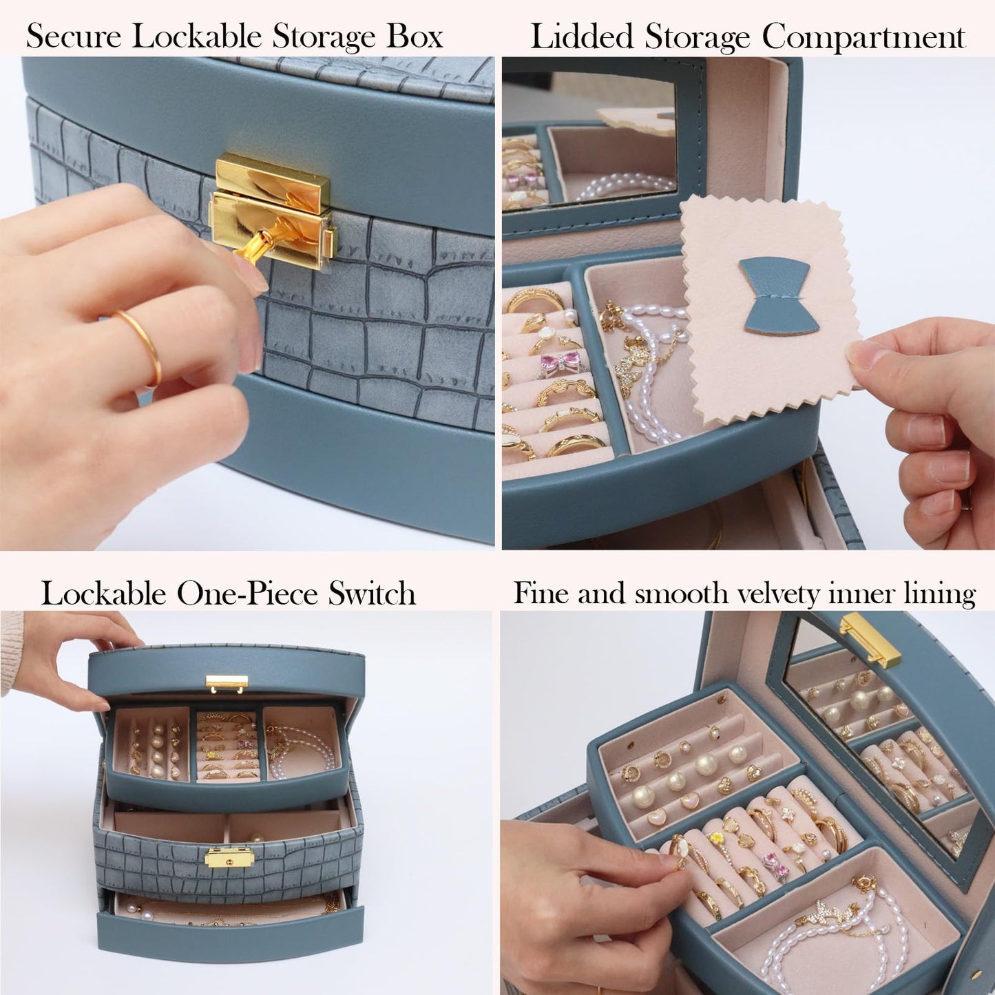 Hmsnyysl Elegant 3 Layer Lockable Jewelry Box for Women – Mirrored Jewelry Organizer with Key & Drawer, Travel Friendly PU Leather Storage Case,Gift for Wife, Mom, Daughter(Blue)