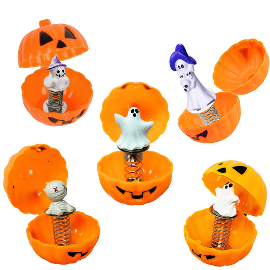 5PCS Halloween Pumpkin Trick Or Treat Boxes Prank Candy Boxes Spring Loaded Pop Up Treat Containers with 5 Halloeen Figurines for Trick or Treat Scares, Party Favors & Superise Gifts (White 5PCS)