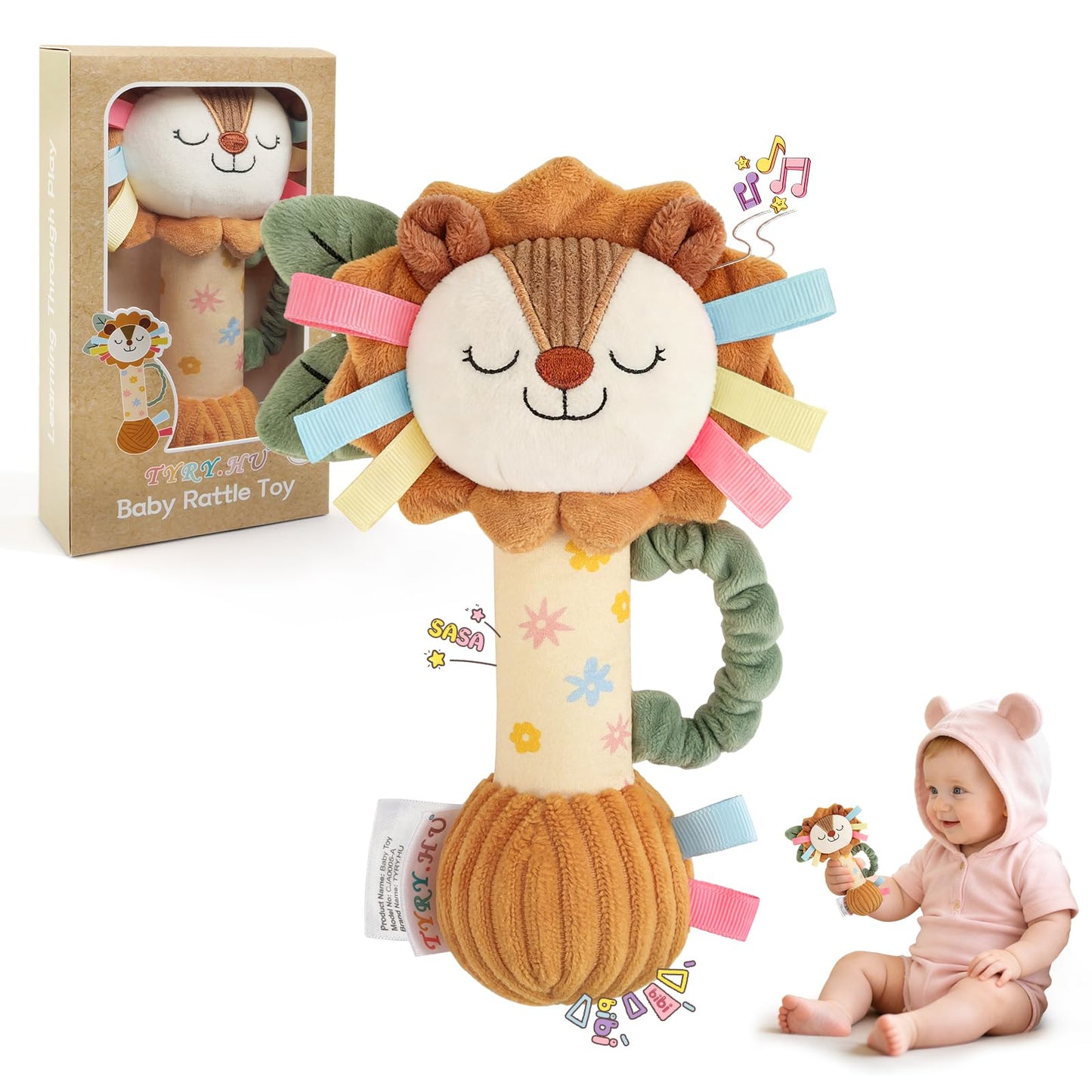 TYRY.HU Baby Rattles Toy, Plush Lion Rattle, Stuffed Animal Hand Rattles,Infant Grab Shake Rattle, Crinkle & Squeaker,Soft Sensory Toy with Sound for Babies 0-6 6-12 Months, Lion