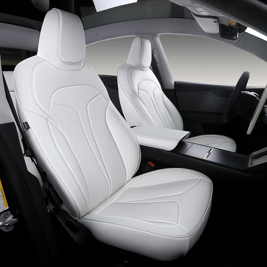 OURPLOT Custom Fit Seat Covers for 2025 2026 Tesla Model Y Juniper (5-Seater), Waterproof Breathable Nappa Leather, OEM Factory Style Full Set Car Seat Protectors Airbag Compatible - White