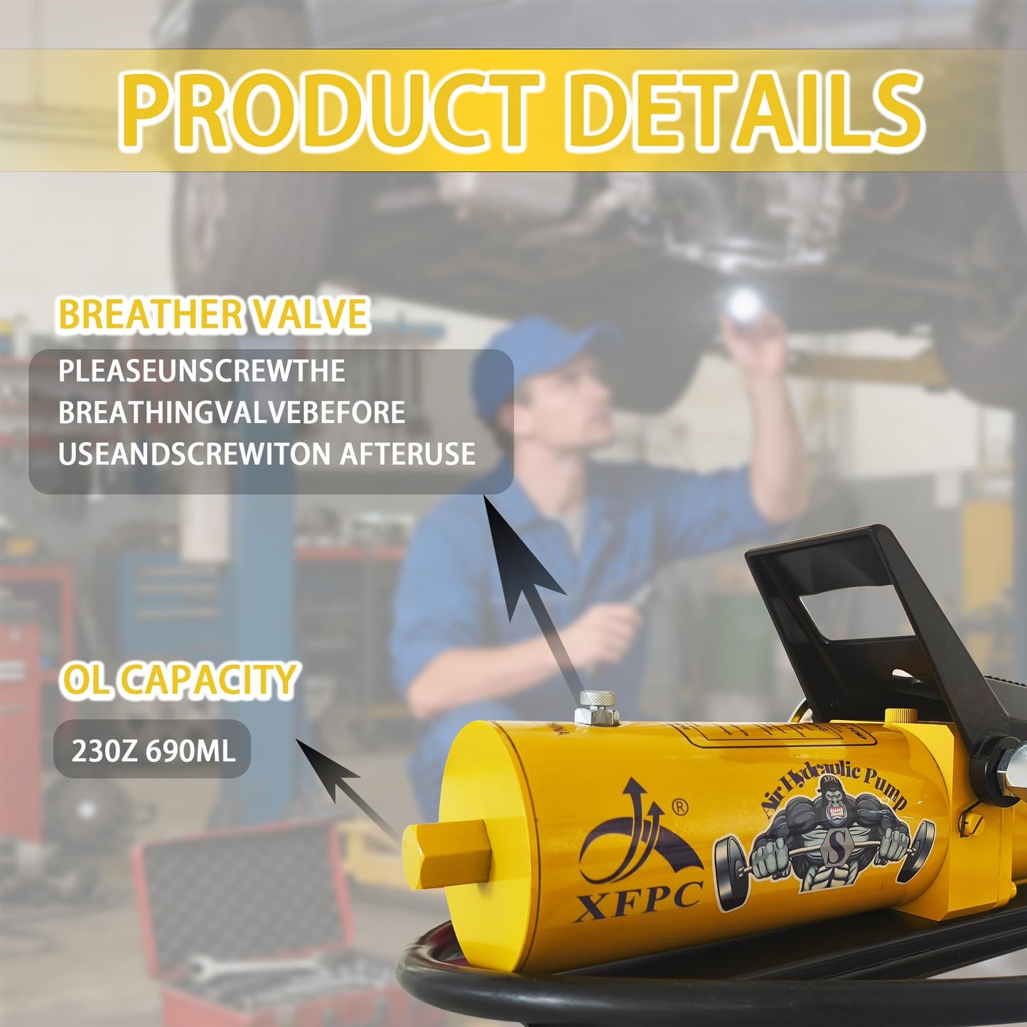 Air Hydraulic Pump 0.45 Gal 10,000 PSI Reservoir NPT 3/8" Oil Outlet, NPT 1/4" Inlet, Air Hydraulic Foot Pump Made of Aluminum with Air Line Lubricator, Yellow