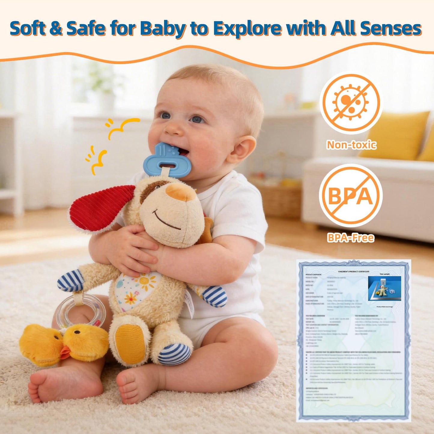 Baby Car Seat Toys for Roadtrip, Hanging Sensory Toys 0 6 12 Months with Teether, Crinkle Paper, Rattles & Squeaker, Montessori Travel Plush Toy for Newborn Infant Boys Girls Gift