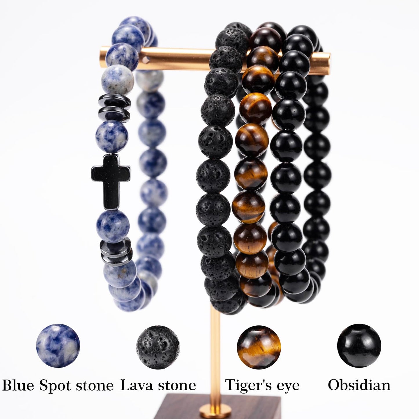 Crystery Men Beaded Bracelets, 8mm Natural Stone Bracelet, Healing Crystal, Jewelry Gifts for men, Triple Protection, Blue Spot Stone, Tiger Eye, Black Obsidian Beads Bracelets, Lava Rock, Pack of 4