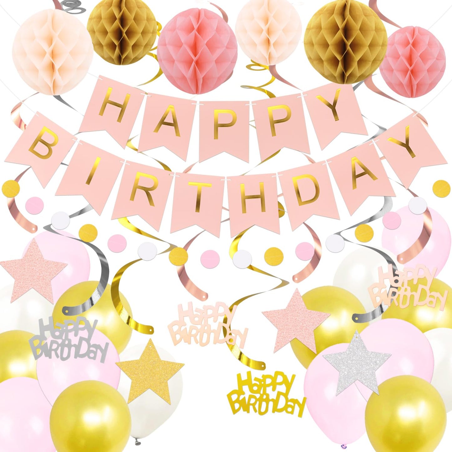 Birthday Decorations, NO DIY, Pre-Strung Happy Birthday Banner with Honeycomb Balls, Metallic paper Hanging Swirls Streamers, Circle Dots Garland, Party Paper Bunting for Women Men Boys Girls(Pink)