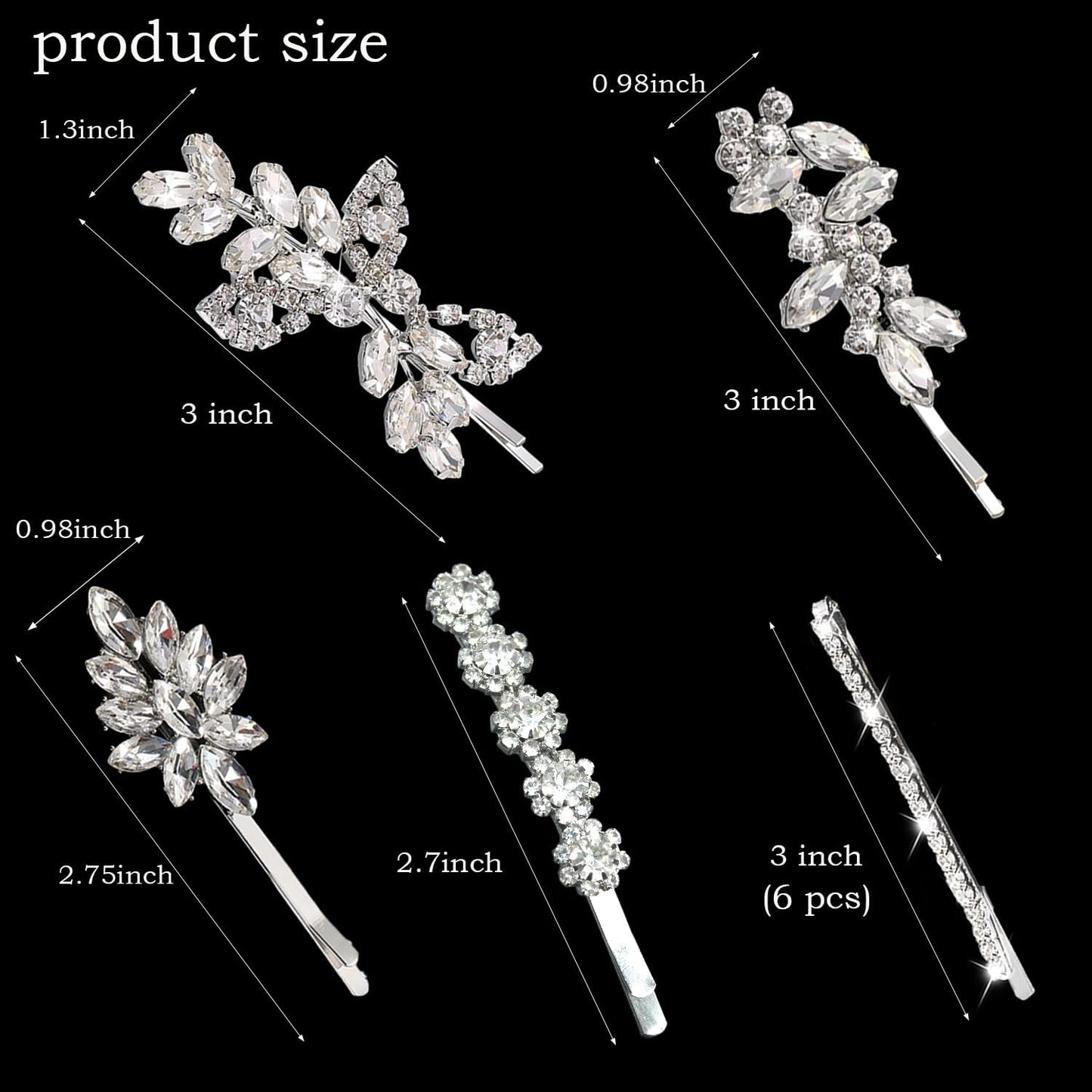 10 Pieces Rhinestone Hair Pins, Silver Leaf Hair Clips Crystal Wedding Hair Clips for Brides, Elegant Rhinestone Hair Accessories for Women Girls