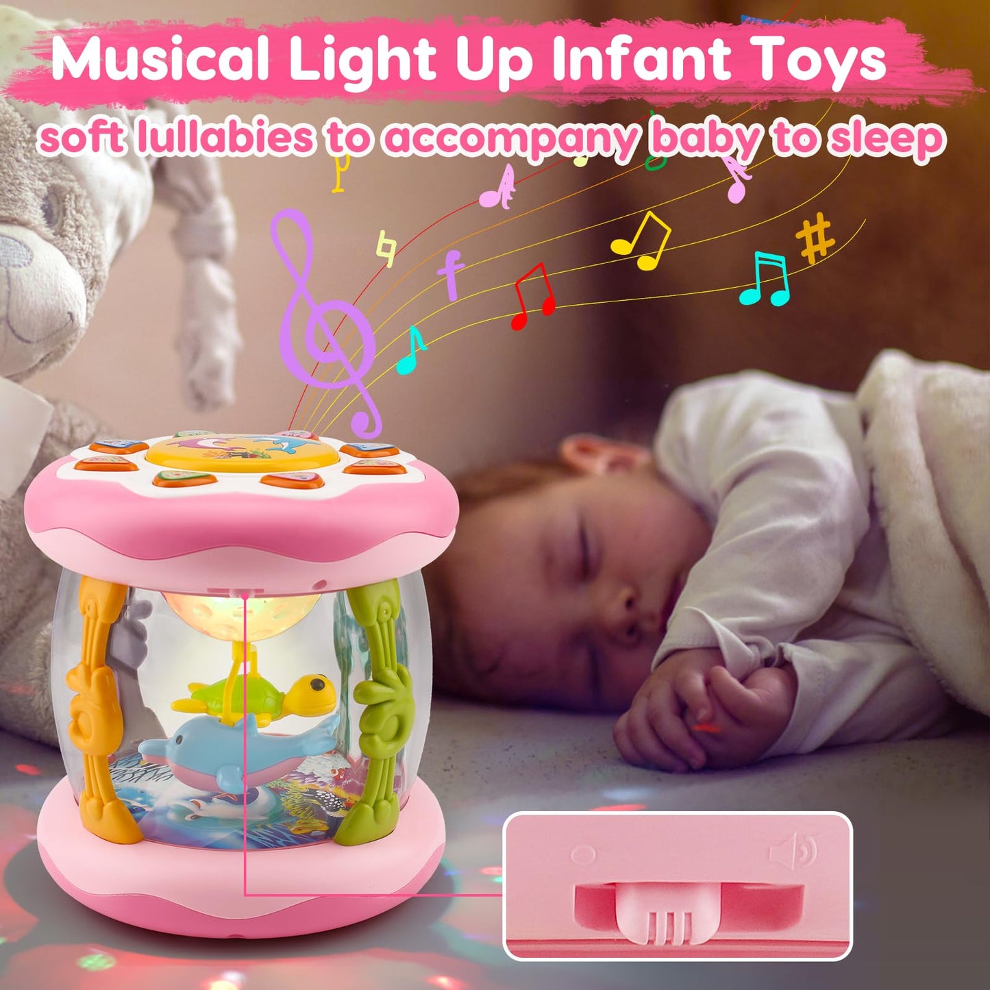 Baby Musical Light Up Toys Tummy Time Ocean Projector Rotating Infant 1 Year Old Toy Baby Aquarium Crawling Pink Toys Babies Girls 1 2 Year Old Birthday Newborn Gifts