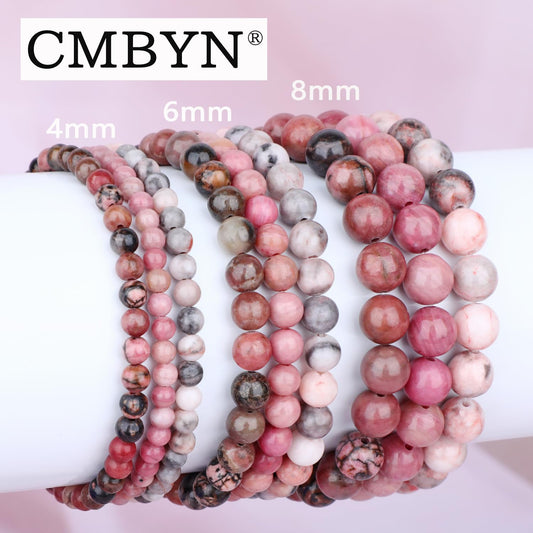 CMBYN 3-Pieces 8mm Natural Crystal Gemstone – ﻿Rhodochrosite, Pink Zebra, Pink Black Rhodonite Handmade Reiki Energy Healing Stretch Bracelets Jewelry for Yoga, Meditation, Unisex