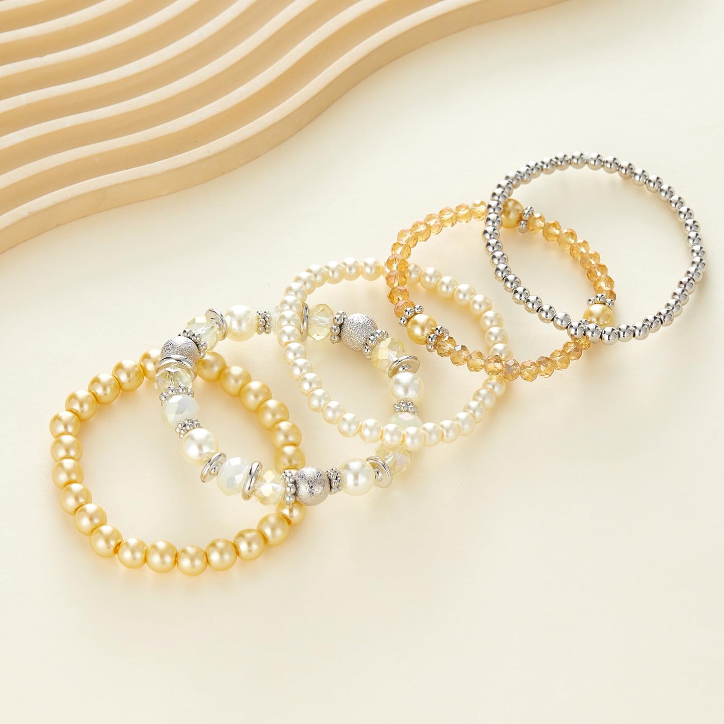 Noessla Beaded Pearl Stretch Bracelet Silver Stackable Crystal Beads Bracelets Trendy Costume Jewelry Mothers Day Gifts for Women(Yellow)