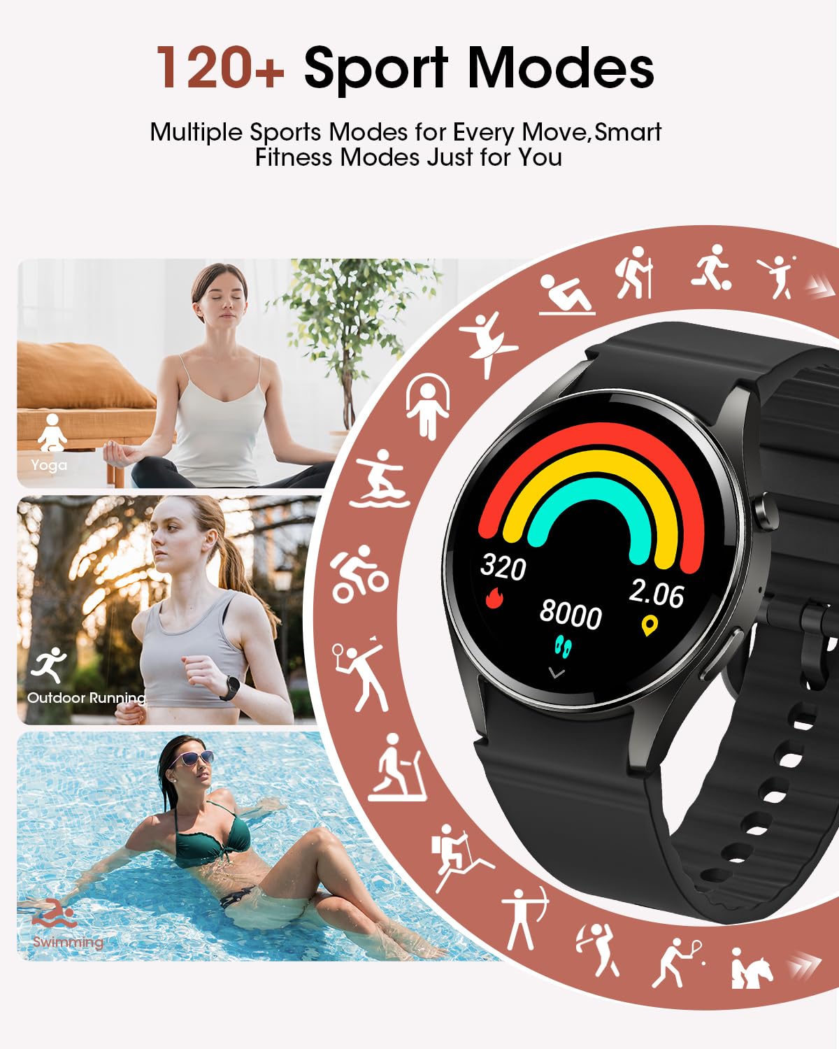 Smart Watch (Make/Answer Calls), 1.26" HD Smart Watches for Men/Women with Sleep/Heart Rate/SpO2 Monitor/120+ Sport Modes, Waterproof Fitness Tracker Watch, Smartwatch for iPhone/Samsung/Android, Gift
