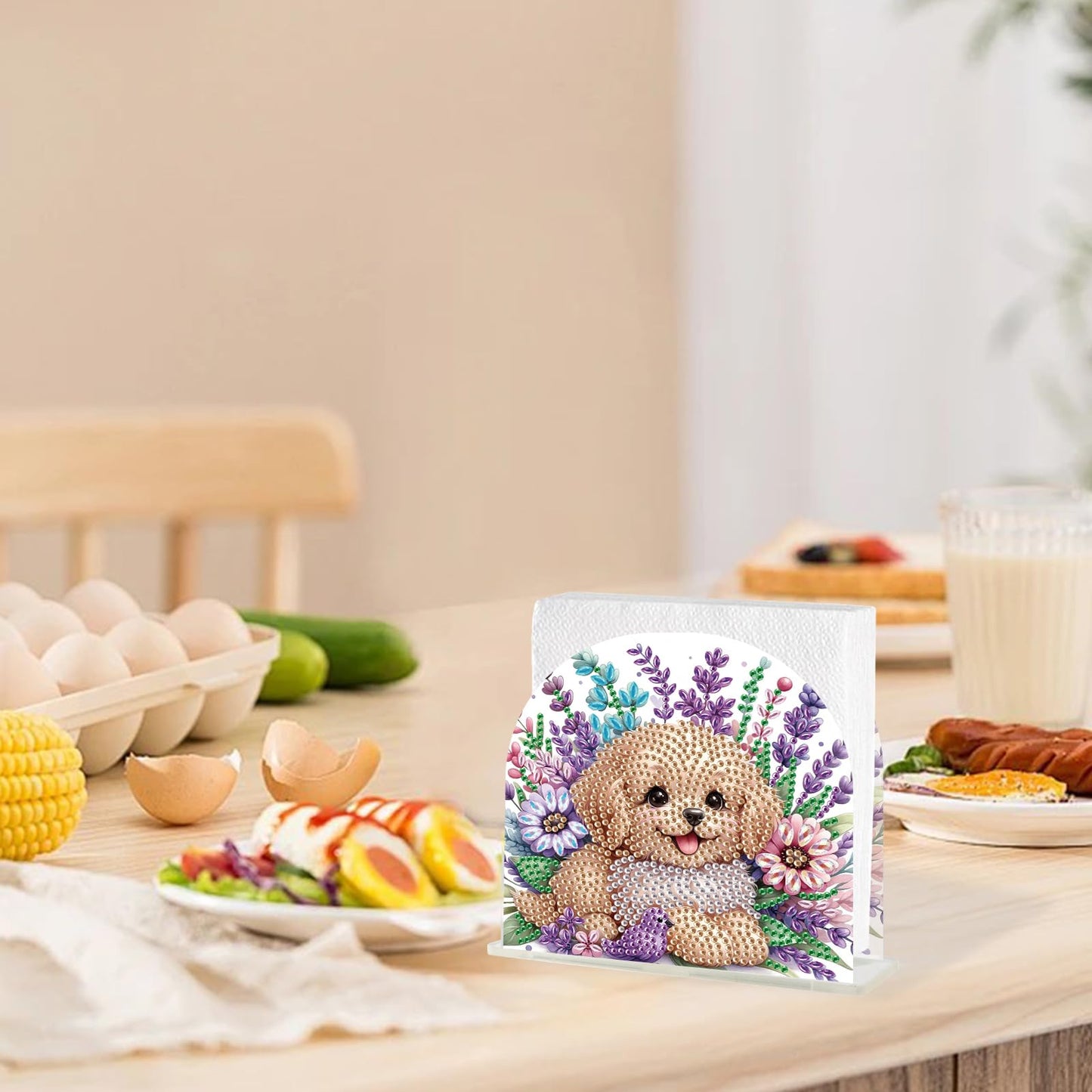 TDFERAN Diamond Art Napkin Holder, DIY Puppy Acrylic Tissue Storage Box for Table, Diamant Painting Kits Cocktail Napkin Holder, Diamond Painting for Paper Holders, Kitchen Decor