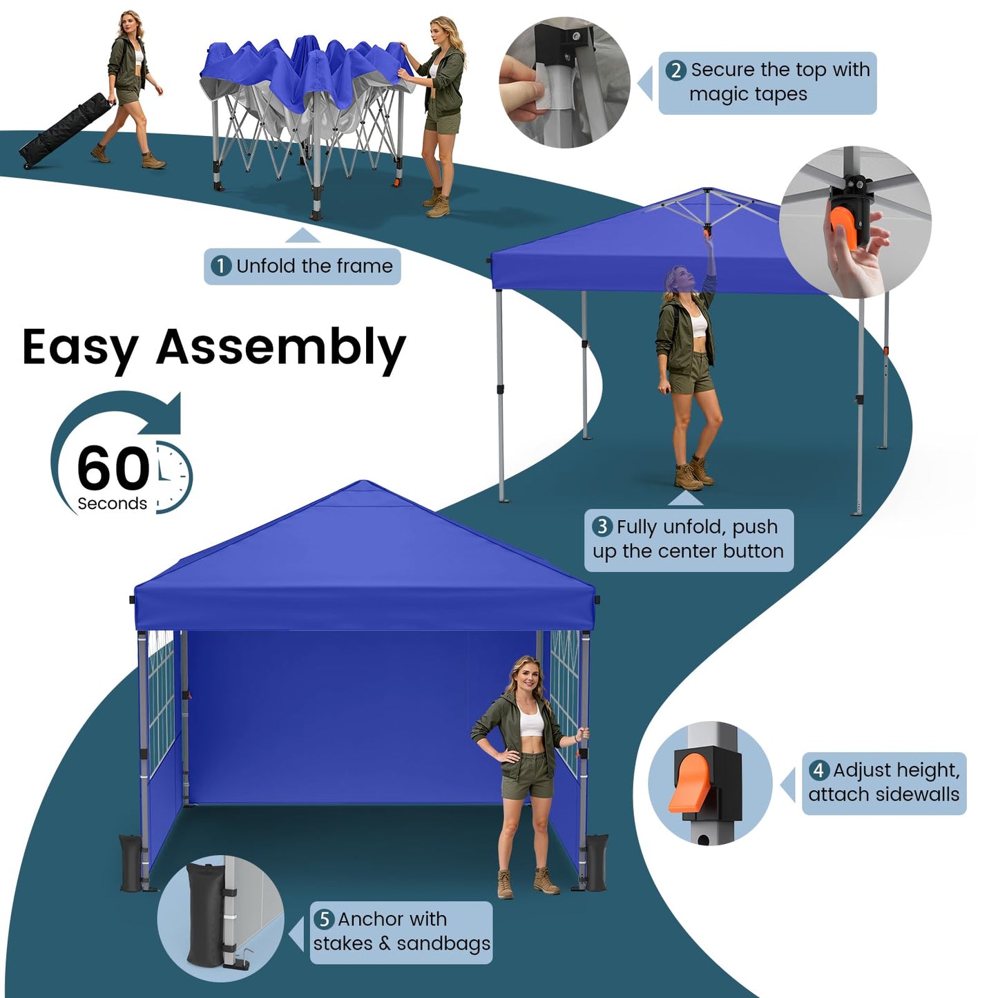 Raynesys Pop Up Canopy Tent with Sidewalls, 10x10ft 10 Person Party Tent One Push Setup, Portable Gazebo Outdoor Sun Shade for Events, Parties, Camping, Commercial, Silver Coated Top, Blue