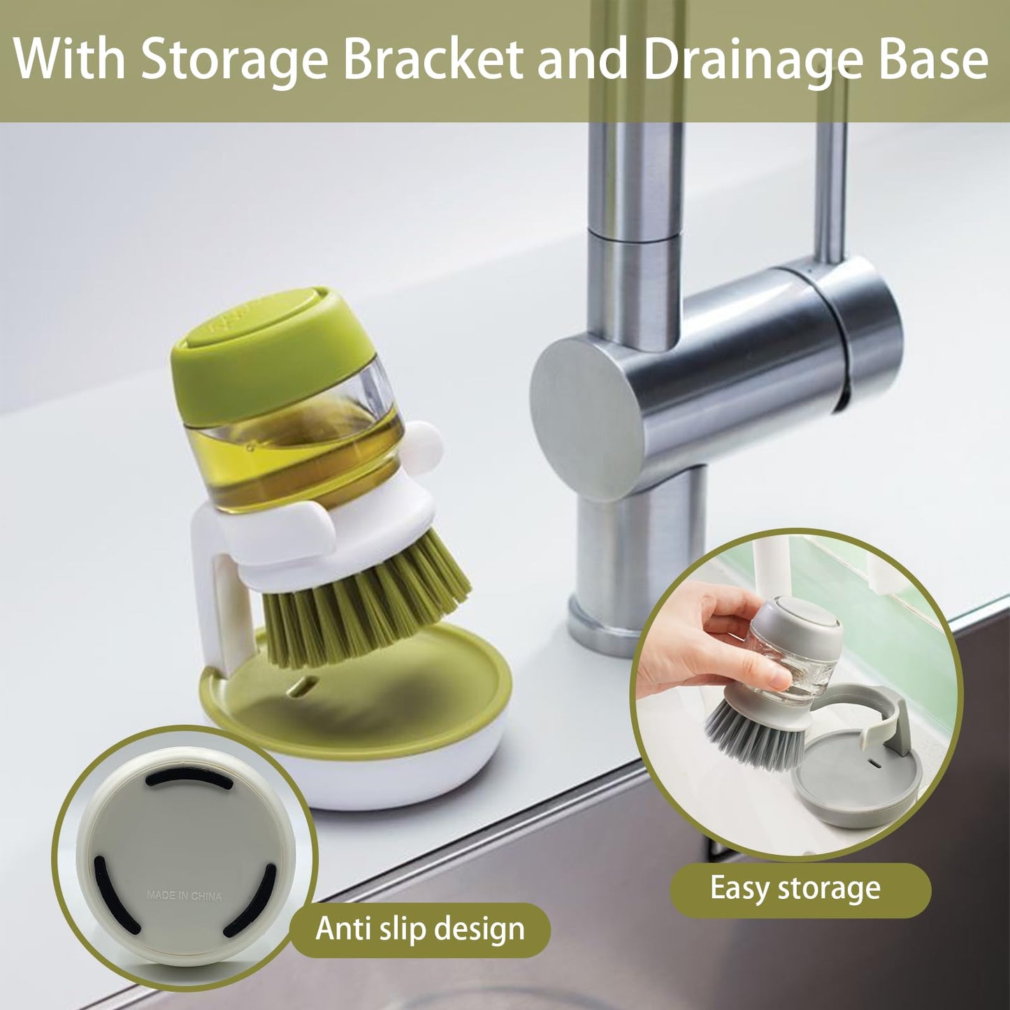 UGWkivd Soap Dispenser Dish Brush Palm Brush Scrub Brush Equipped with Storage Bracket and Drainage Base,Easy to Clean Kitchen Utensils and Sink, Includes a Replaceable Brush（Green）