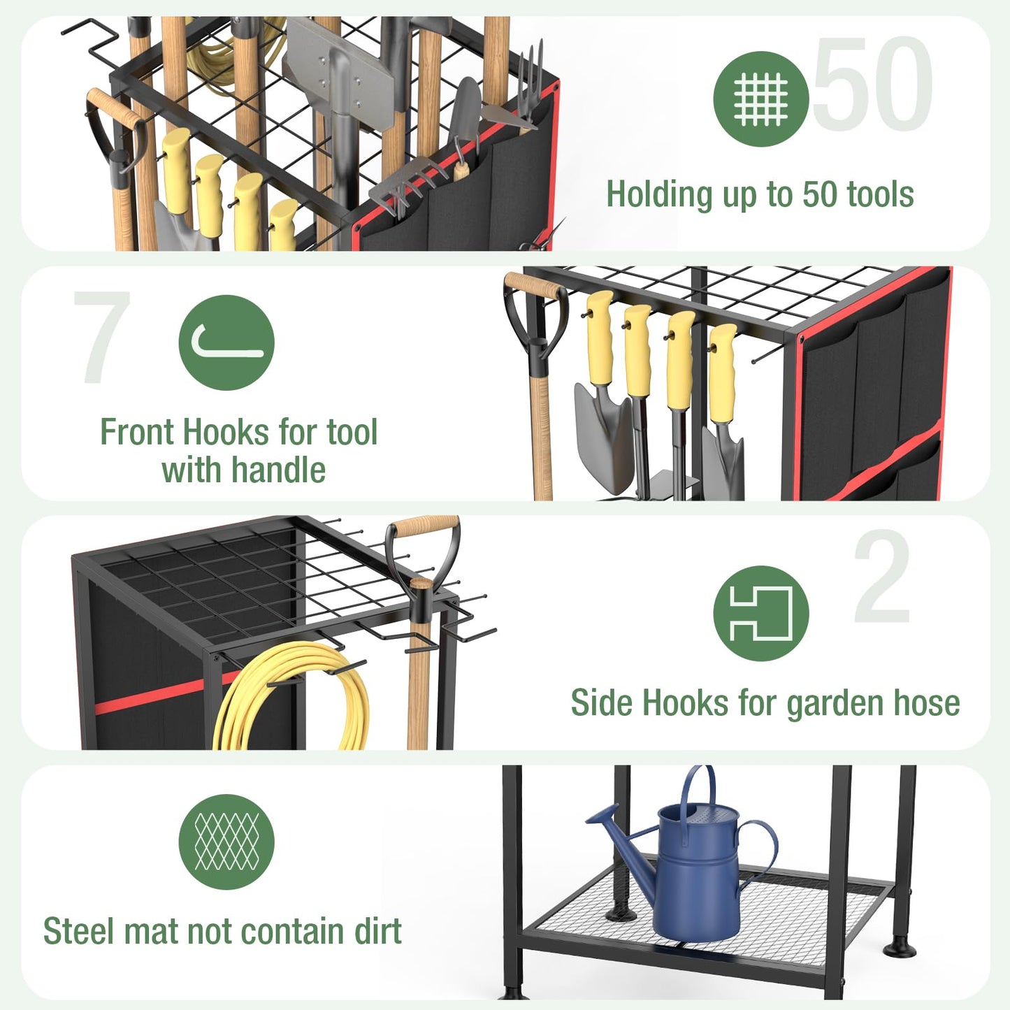 Lovind Garden Tool Organizer,Metal Yard Tool Organizer ,Holds 50 Long-Handled Tools/Rakes/Brooms,Side Garden Pocket ,Heavy Duty Steel Yard Tool Storage Rack for Garage,Shed, Outdoor