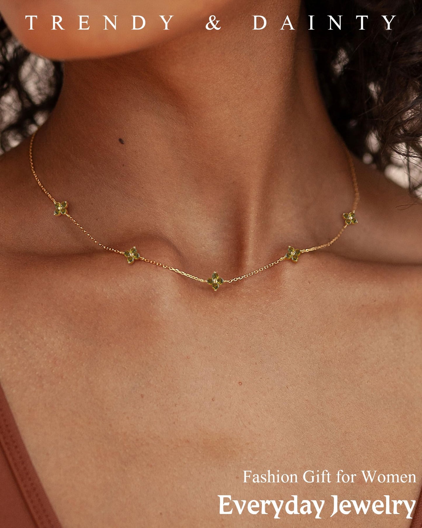 ZHESHY Birthstone Gold Necklace for Women Dainty Non Tarnish 14K Gold Plated Diamond Choker Necklaces Clover Cubic Zirconia Station Necklace Gold Jewelry Gifts