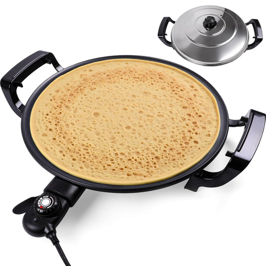 Mangoct 18.5” Electric Injera Maker, Mitad for Ethiopian Injera, Pancake Teff Maker, Electric Griddle with Lid, Non-Stick Surface, Easy to Clean, Adjustable Mechanical Knob Control, Even Heating