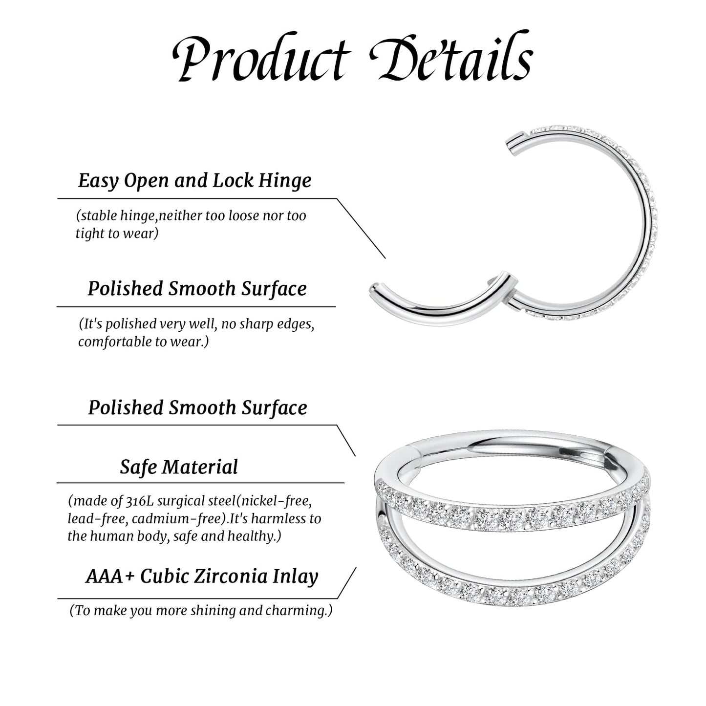 Double Hoop Conch Piercing Jewelry Septum Ring Silver Septum Jewelry Seamless 18 Gauge Nose Ring Hoop 18g Cartilage Earring with CZ Lip Rings 8mm Nose Hoop Surgical Steel Helix Earrings